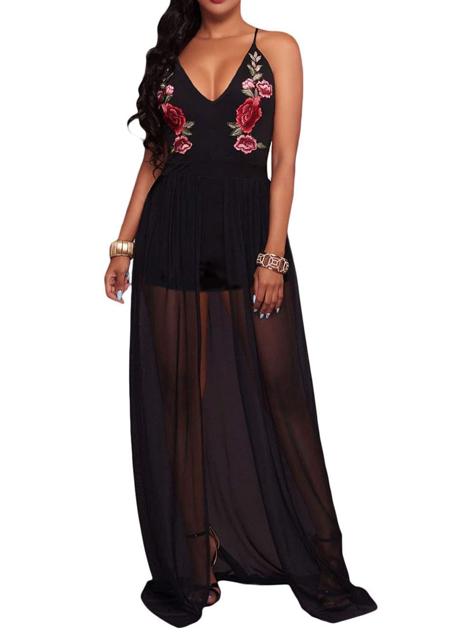 RED DOT BOUTIQUE 858 - Plus Size Sheer Mesh Embroidery Chiffon Hi Low Maxi Dress