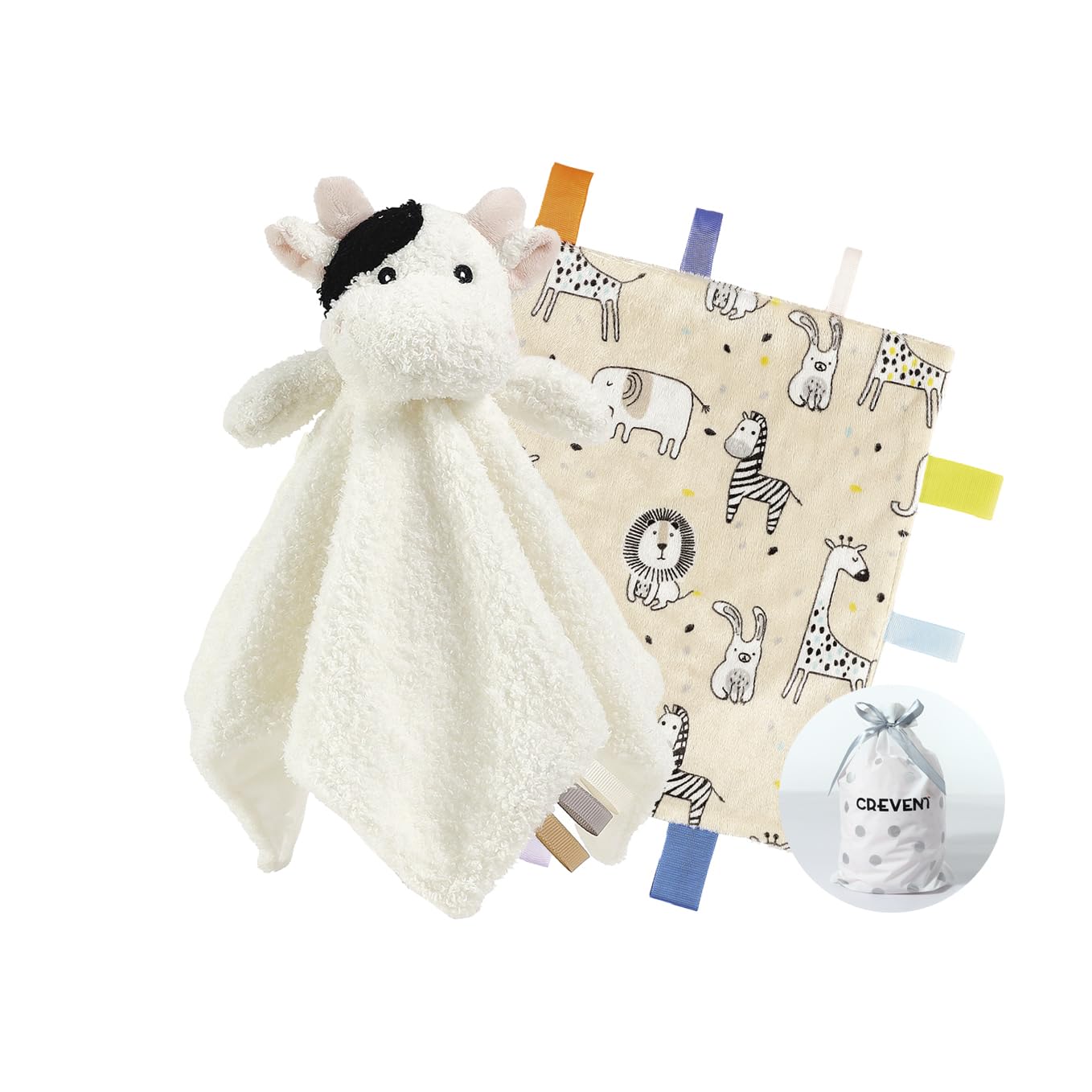 CREVENT Cozy Plush Baby Security Blanket, Loveys for Baby Girls and Boys, Birthday (Cow + Tag)
