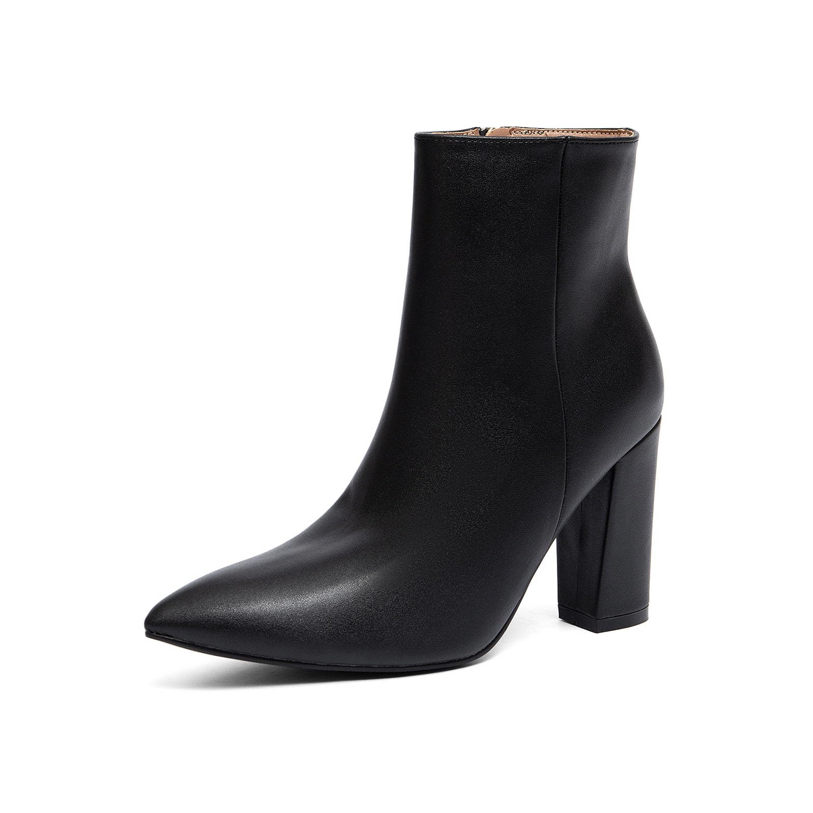 Womens Classic Ankle Boots Black synthetic leather 4-inch square heel Side zip fastening Pointed toe design Non-slip sole