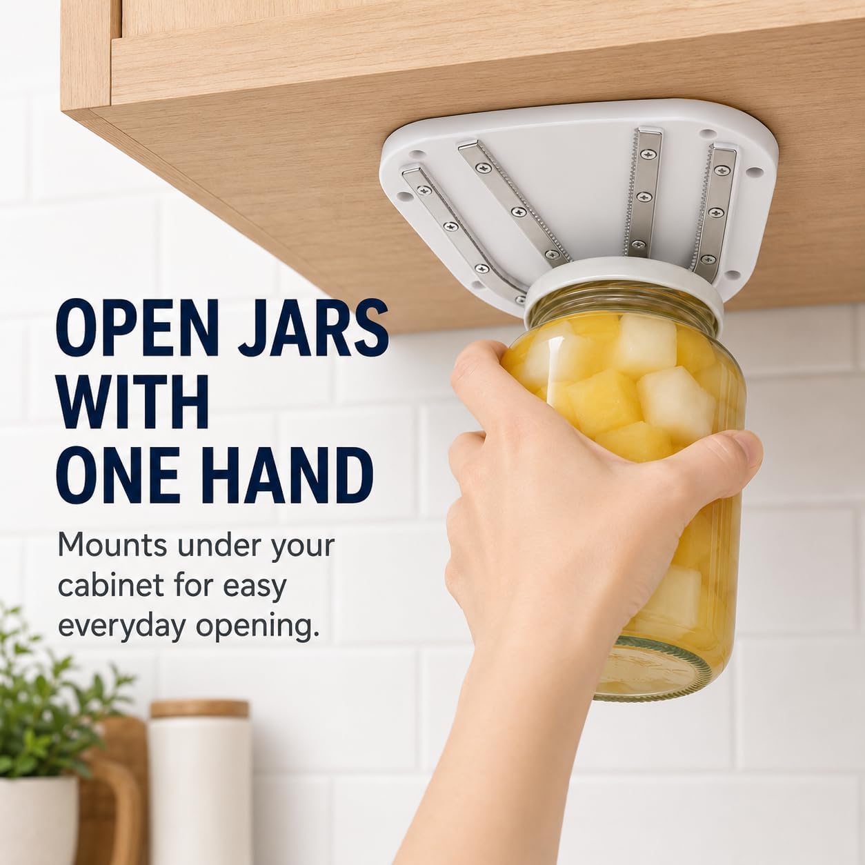 VURKO Under Cabinet Jar Opener for Seniors & Arthritis — V-Shape Stainless Steel Grip, One-Handed Use, Mounts Under Cabinet to Save Counter Space, Fits Most Jar Lids, Mounting Screws Included