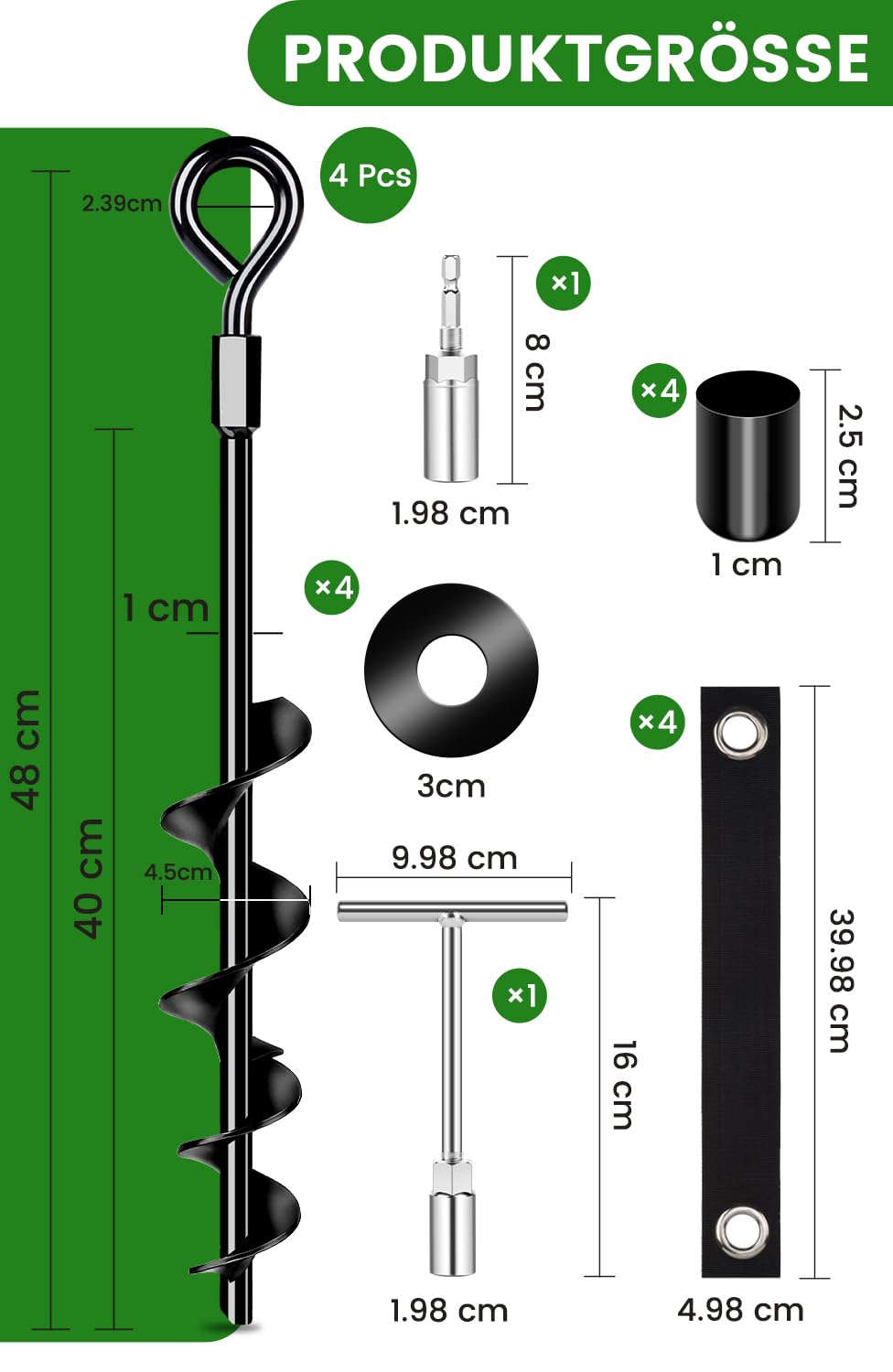 Bodenanker 48 cm, 4er-Pack mit strapazierfähigen Gurten, Bodenanker zum Einschrauben in den Boden für Zelte, Schaukeln, Überdachungen, besonders stabil und einfache Installation