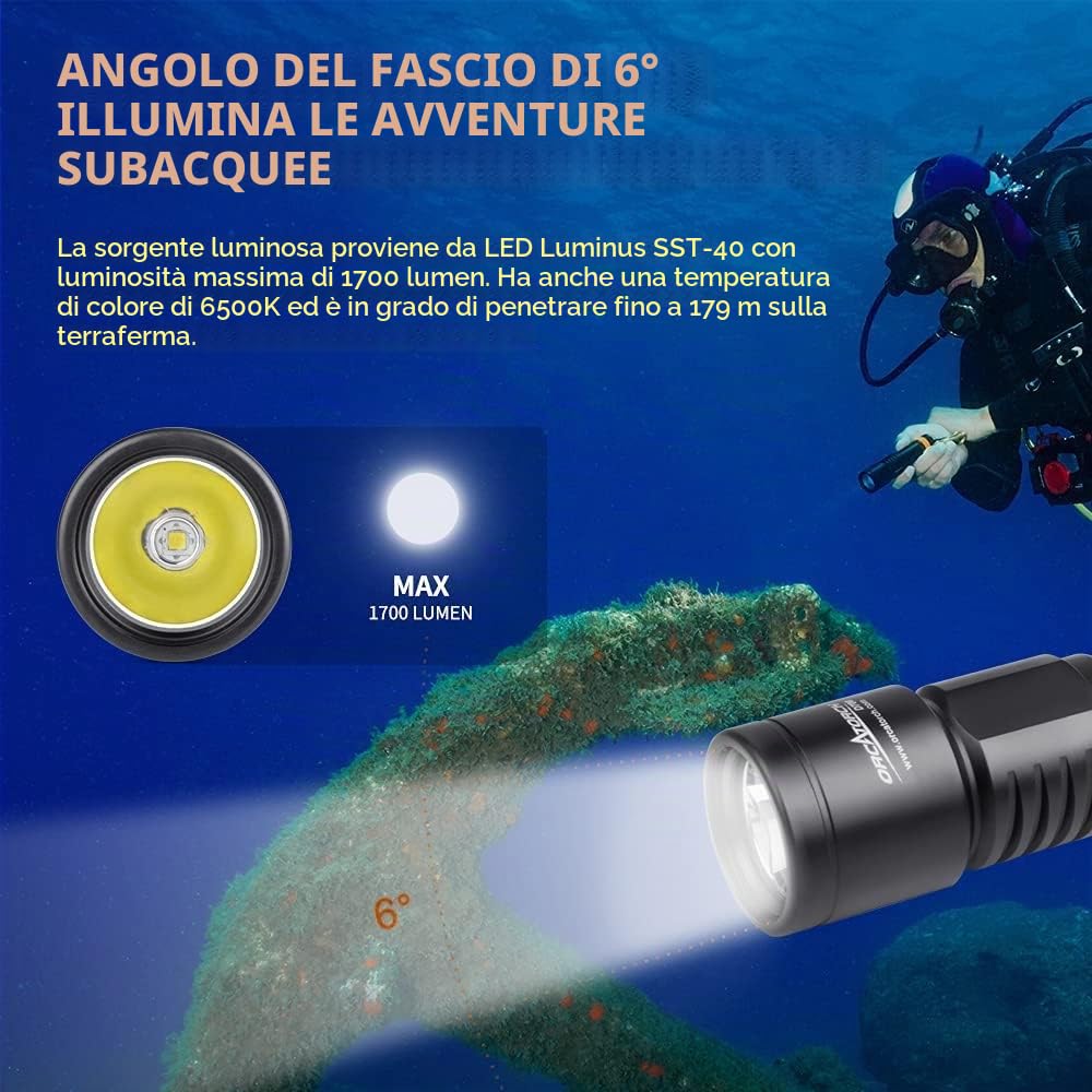 ORCATORCH D700 Torcia Subacquea Fascio 6°, 1700 Lumen, Immersioni Profonde | Interruttore Rotativo Meccanico, Luce Subacquea Di Ricambio, IP68 Impermeabile, Immersioni Notturne & Speleologia