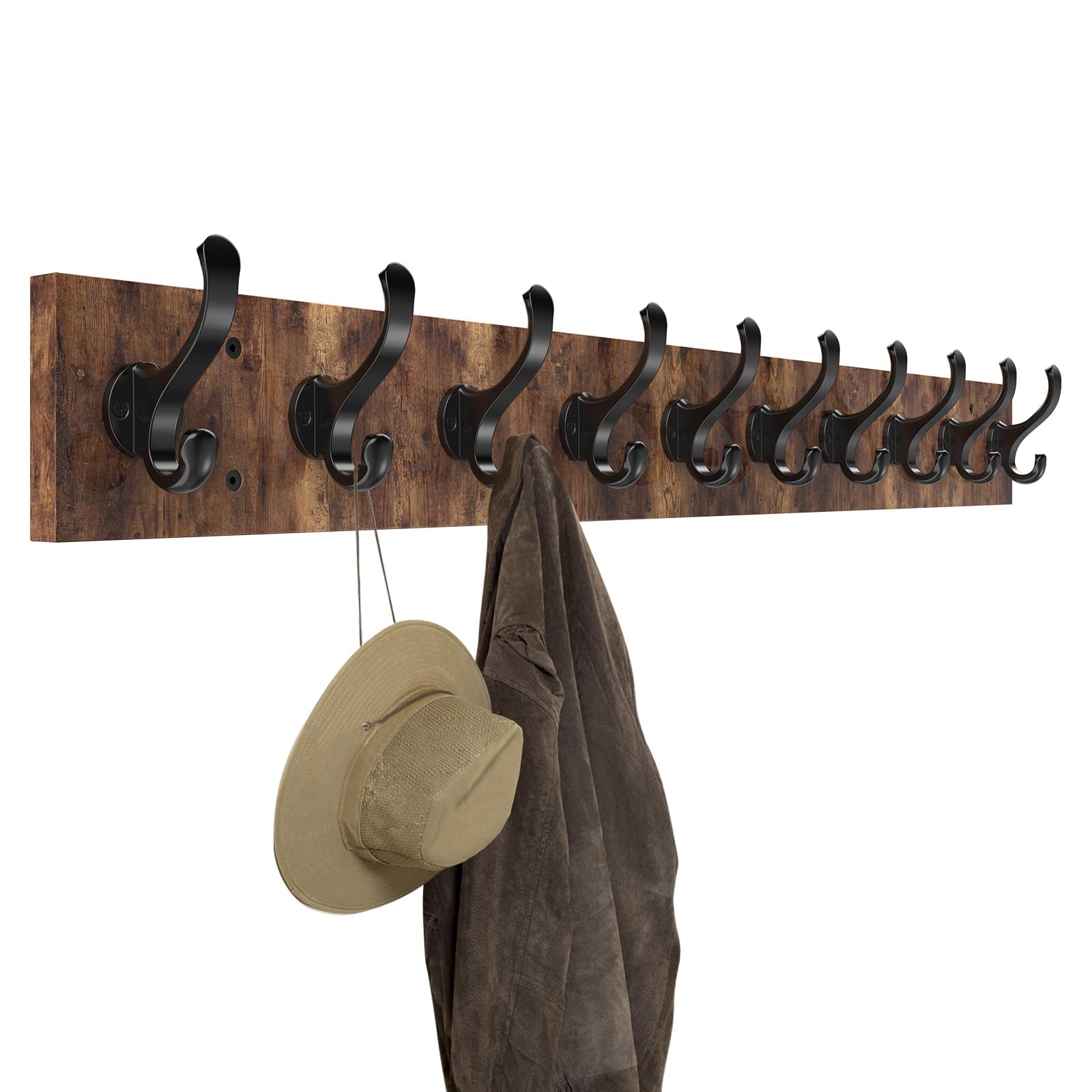 Tatub 38" Coat Rack Wall Mount with 10 Hooks, Coat Hooks Wall Mounted, Wood Coat Hanger Wall for Entryway, Bathroom, Living Room, Bedroom, Rustic Brown Black