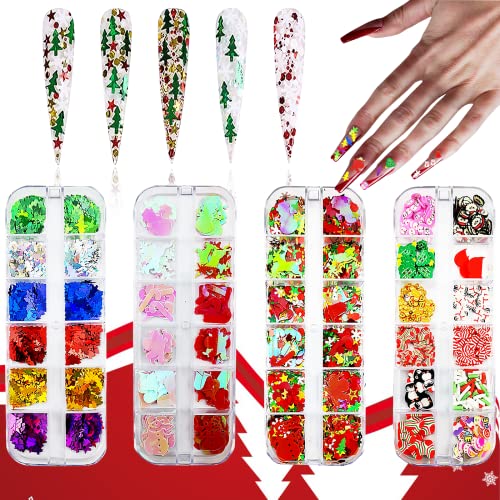 Noël Paillettes Maquillage Glitter,HOINCO 3D flocons holographiques paillettes flocon de neige Ongles Pour les décorations de Noël bricolage(4 boîtes ) Cover