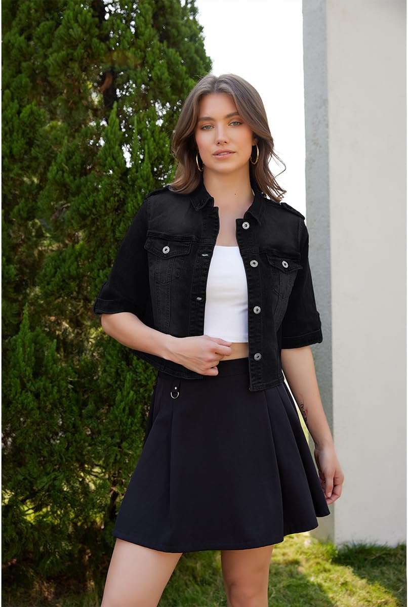 J.Corrine Women's Short Sleeve Stretch Denim Jacket Retro Casual Button Down Cropped Trucker Jean Jackets - Image 2