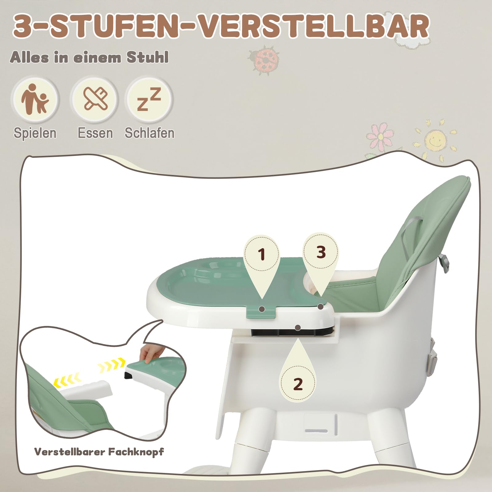 LEADZM Seggiolone 3 in 1, regolabile per sgabello basso, doppio vassoio rimovibile, con cintura di sicurezza a 5 punti, carico massimo 15 kg, adatto per bambini dai 6 ai 36 mesi (verde)