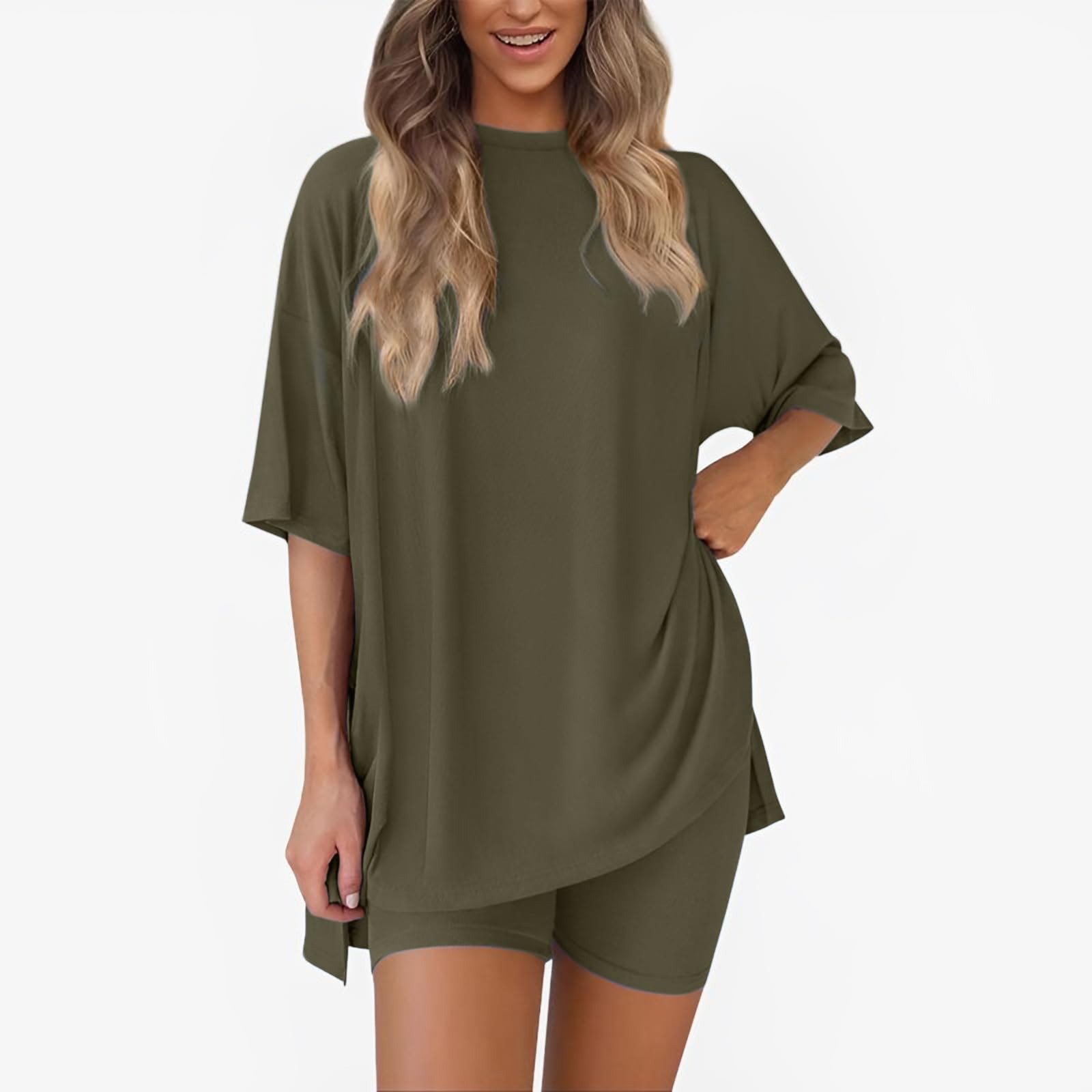 Conjunto de descanso de dos piezas para mujer, camisas casuales de verano de gran tamaño, traje de viaje