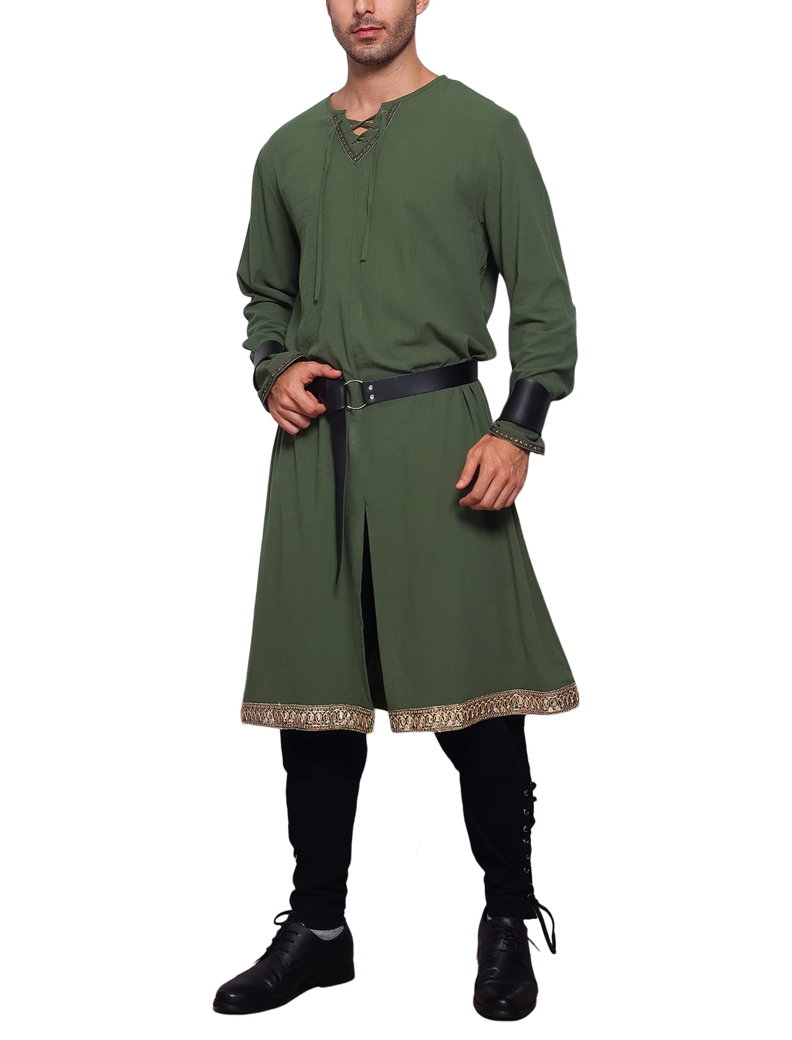 IDOPIP Medieval Viking Costume Men Tunic, Renaissance Fancy Dress Long Sleeved top Scottish Pirate Knight Outfit with Belt and Wristbands for Halloween Cosplay Green M