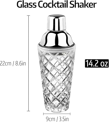 Miniatura 2 de Kit de coctelera de cristal, 14.2 onzas de Martini Mocktail con tapa de acero metálico a prueba de fugas y colador para uso doméstico y carrito de