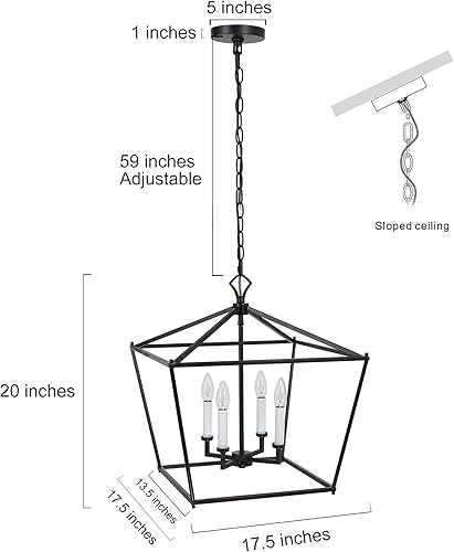 Miniatura 6 de Iluminación colgante para isla de cocina, lámpara negra para vestíbulo, lámpara de granja con jaula de farol, 17.5 pulgadas de ancho x 20 pulgadas