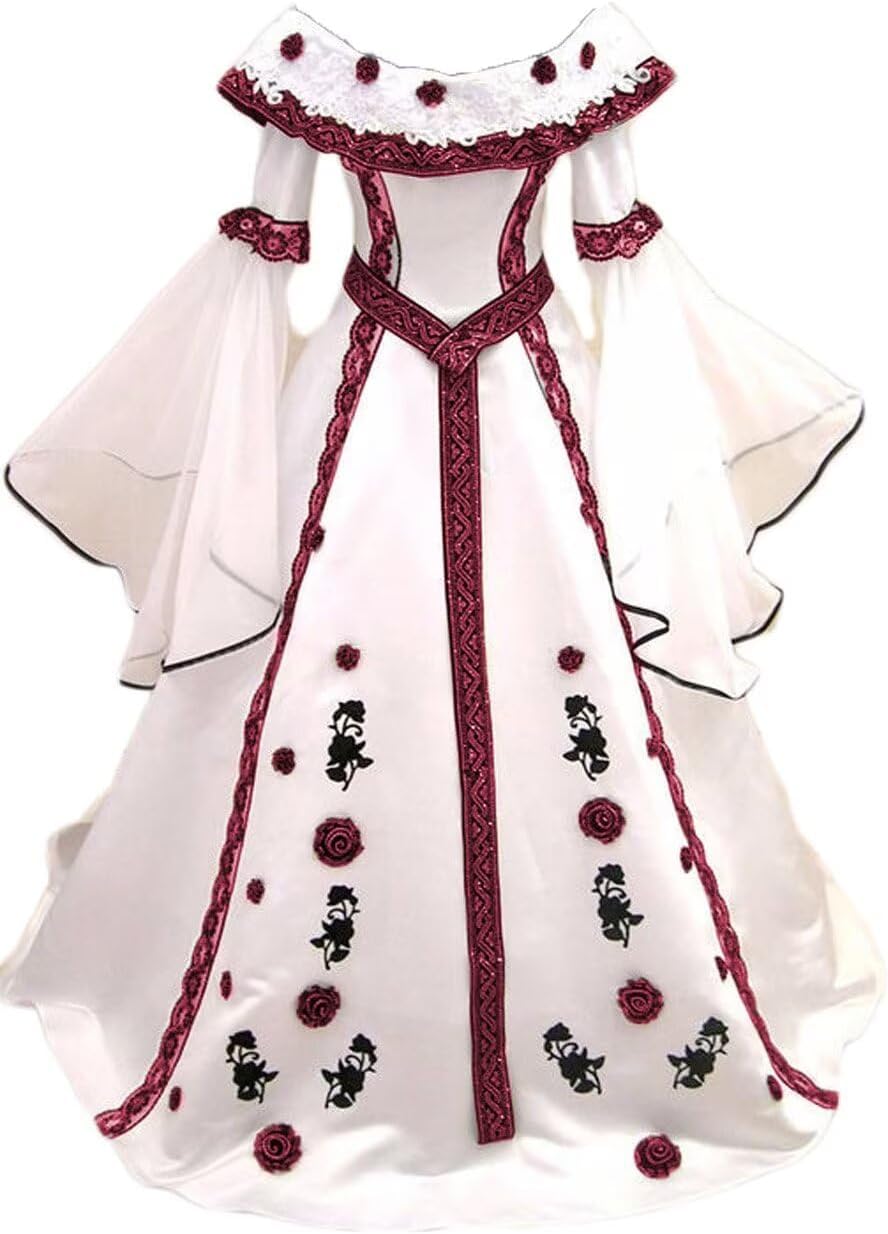 Women's Medieval Costume Long Flare Sleeves Appliques Quinceanera Dress Ball Gown Wedding Dresses