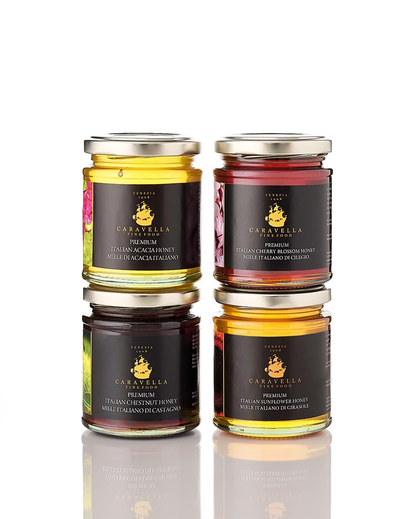 Caravella Fine Food - Set de degustación/Paquete de regalo x 4 - Miel de Acacia 250 gr, Miel de Cerezo 250 gr, Miel de Castaño 250 gr, Miel de girasol 250 gr - Miel 100% italiana pura y natural