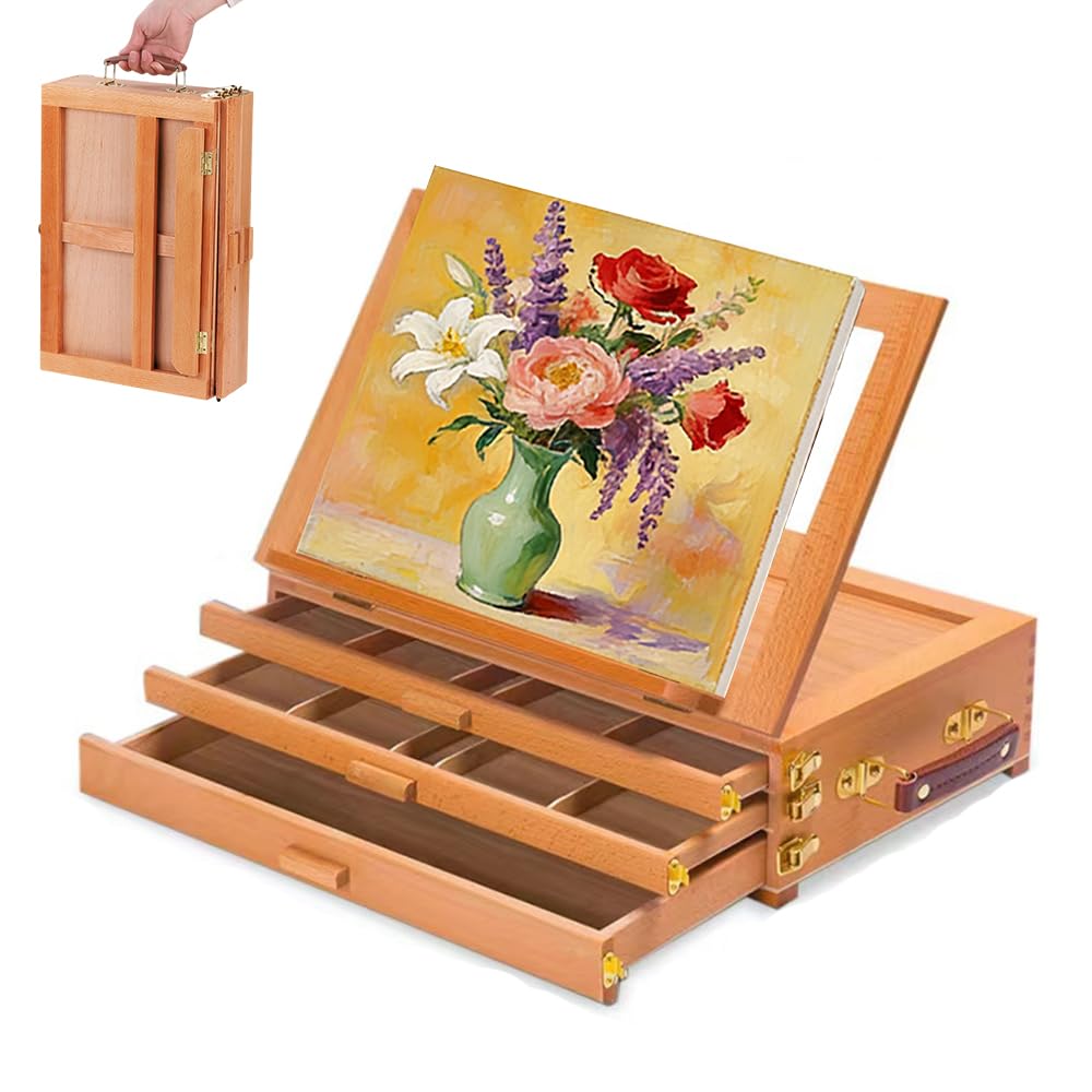 Caballete De Mesa,Caballete De Escritorio Portátil De En Madera De Haya Ajustable, Con 3 Cajones, Adecuado Para Pintura y Dibujo, Ideal Para Adultos, Artistas y Principiantes