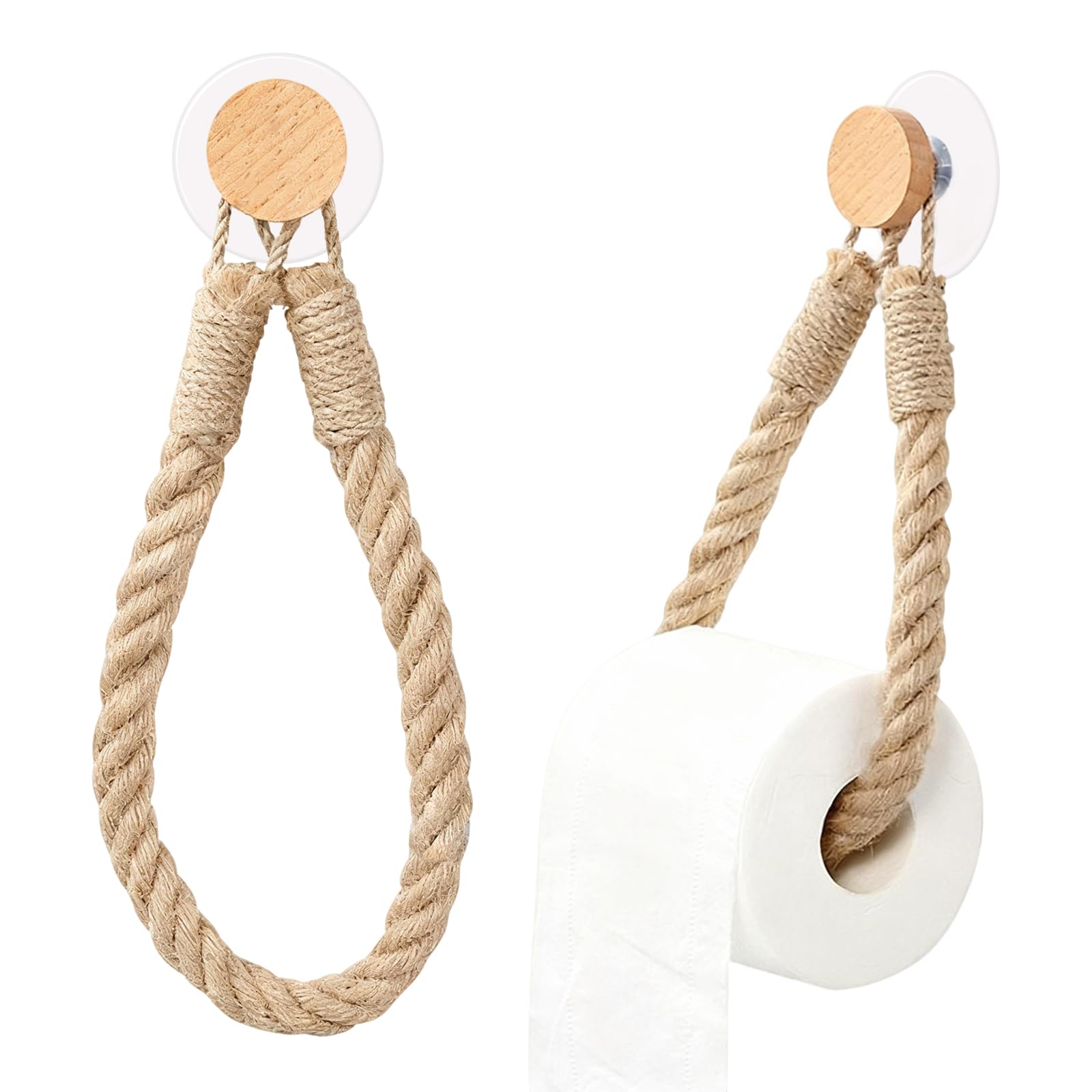 Wooden Rope Toilet Roll Holder, 2 Piece Funky Wood Self Adhesive Paper Holders for Bathroom Kitchen Bath, Wall Mounted Loo Accessories Decor