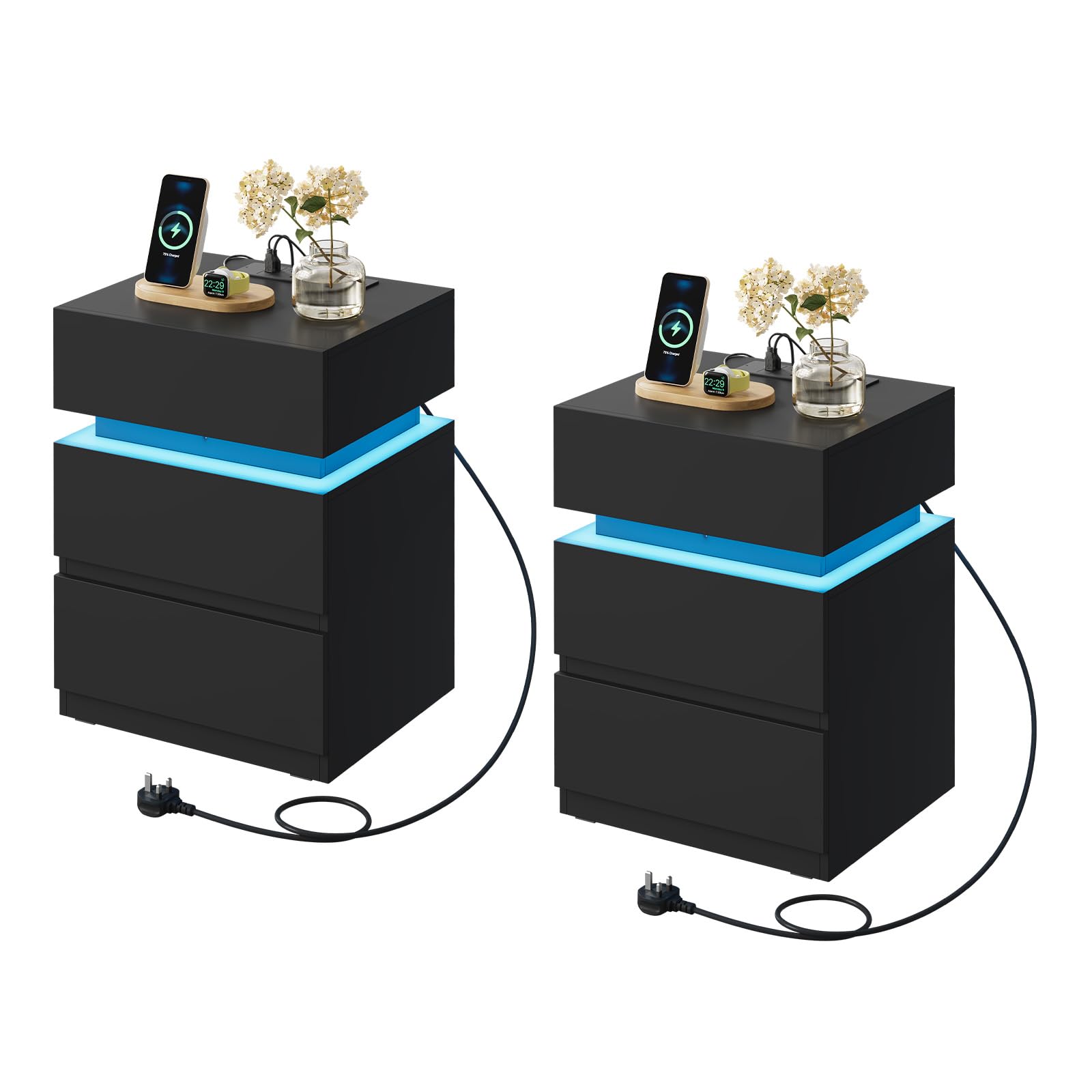 WOLTU Bedside Table, Nightstand with Charging Station, LED Night Table, with 2 Sockets, 2 Type-C Ports, 2 Drawers, Black, NTS23sz-2