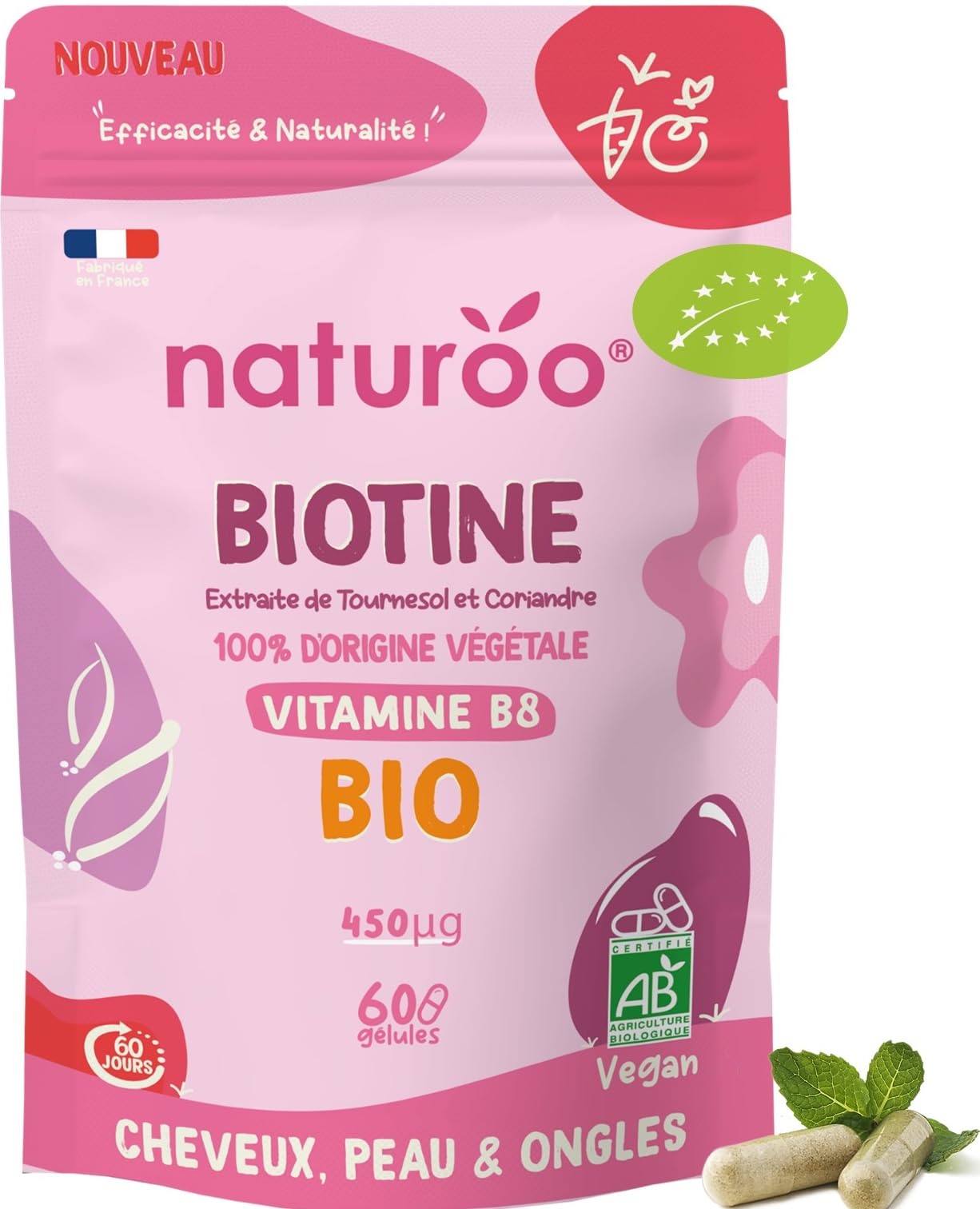 Biotine (Vitamine B8) BIO – Végétale Et Biologique – 60 Gélules Vegan – Cure 2 Mois – Neuf Sous Blister