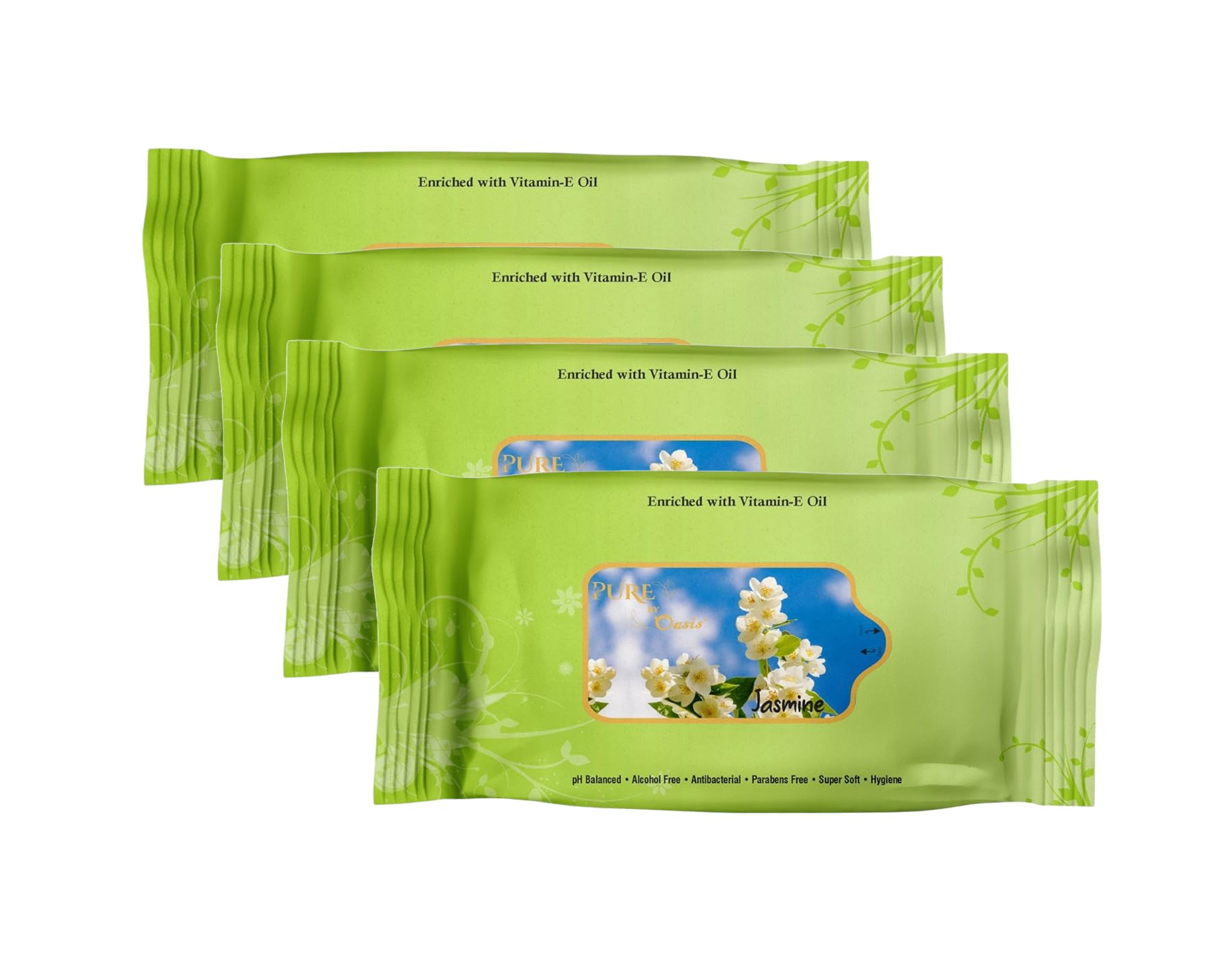 Pure by Oasis Natural Wet Wipes (150mm x 200mm) | Enriched with Vitamin E Oil | Alcohol-Free, Antibacterial, Paraben-Free, pH Balanced | Cleansing & Refreshing, Soft Face Wipes | 25 wipes per pack | (Pack of 4, Jasmine)-image-2