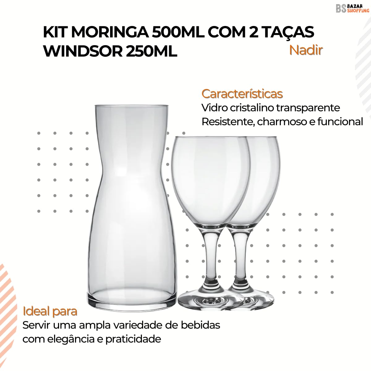 Kit Jarra Decanter Moringa 500ml com 2 Taças Windsor 250ml