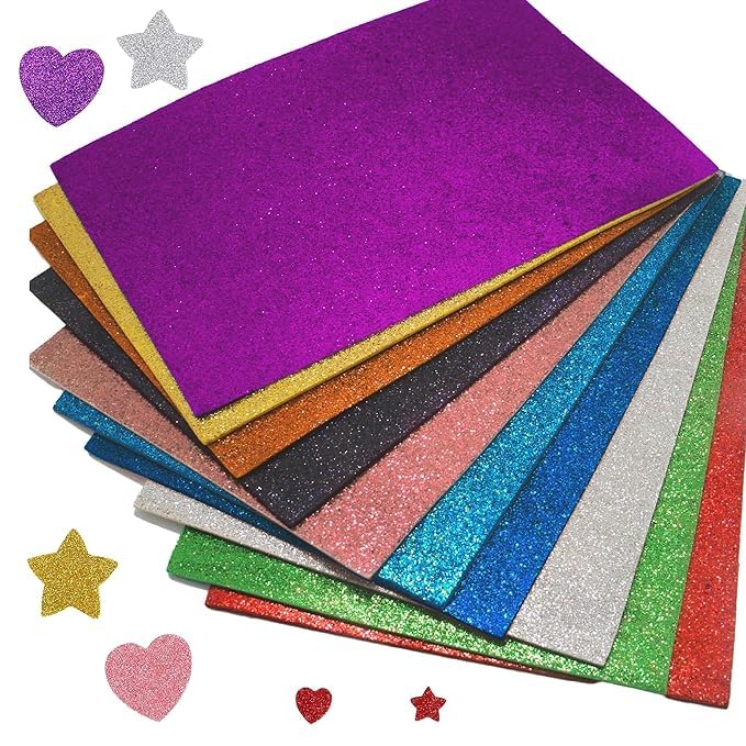 bhive 10 pack a5 glitter foam sheets for diy crafts - 1.5mm thick multicolor sparkly eva foam paper - shiny assorted color for school projects, scrapbooking, kids art & decorations (14.8 x 21 cm)