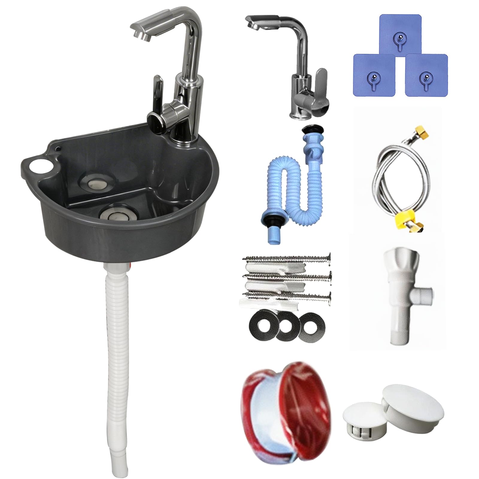 Lavabo da Parete in Plastica con Rubinetto Miscelatore, Set Completo con Tubi di Scarico e Alimentazione Lavandino Compatto per Bagno Giardino e Campeggio (Grigio)