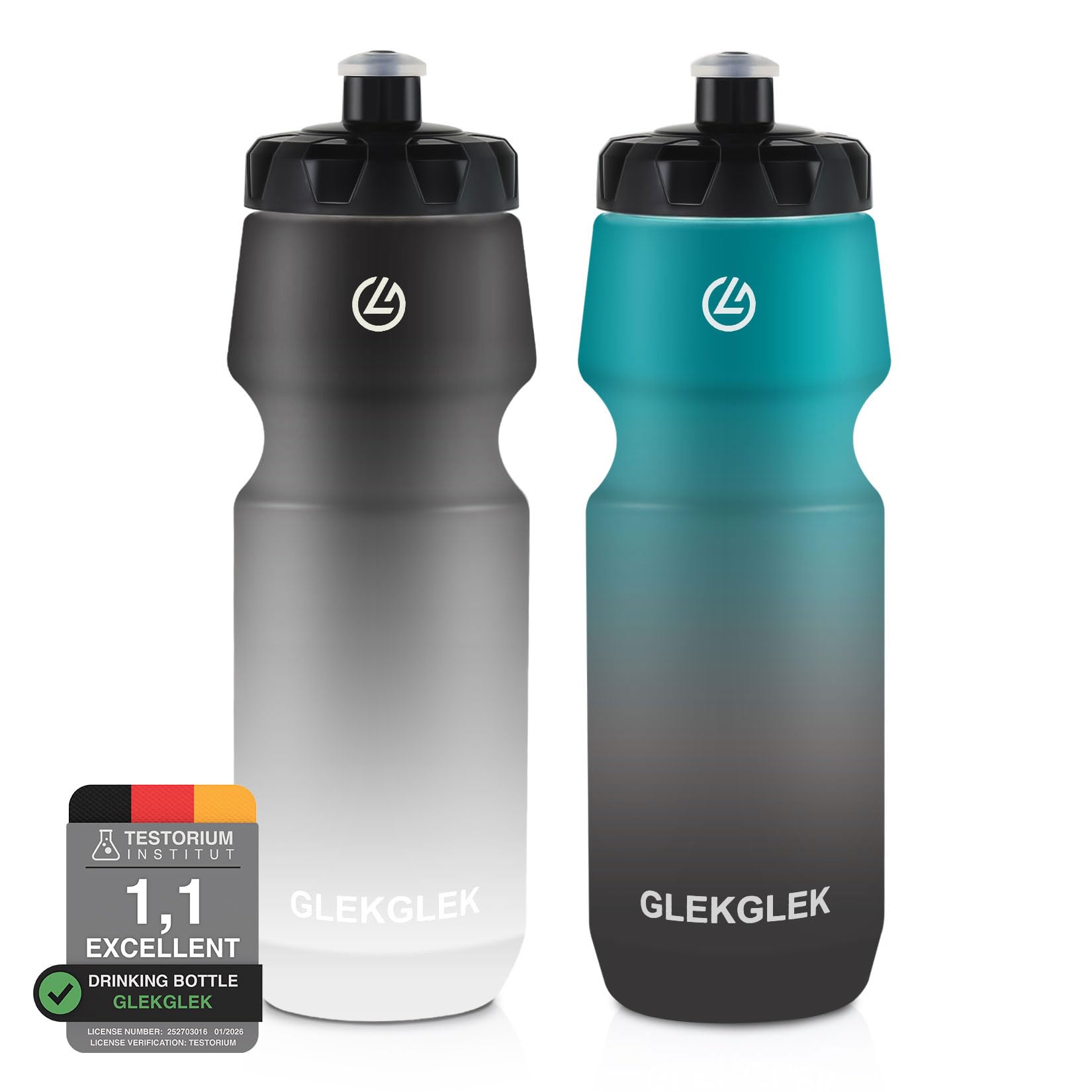 GLEKGLEK Squeeze Sports Water Bottle 750ml BPA Free, Leak Proof Drinks Bottle, Dishwasher Safe, for Exercise, Hiking, Cycling, Football (Black White/Green Black)