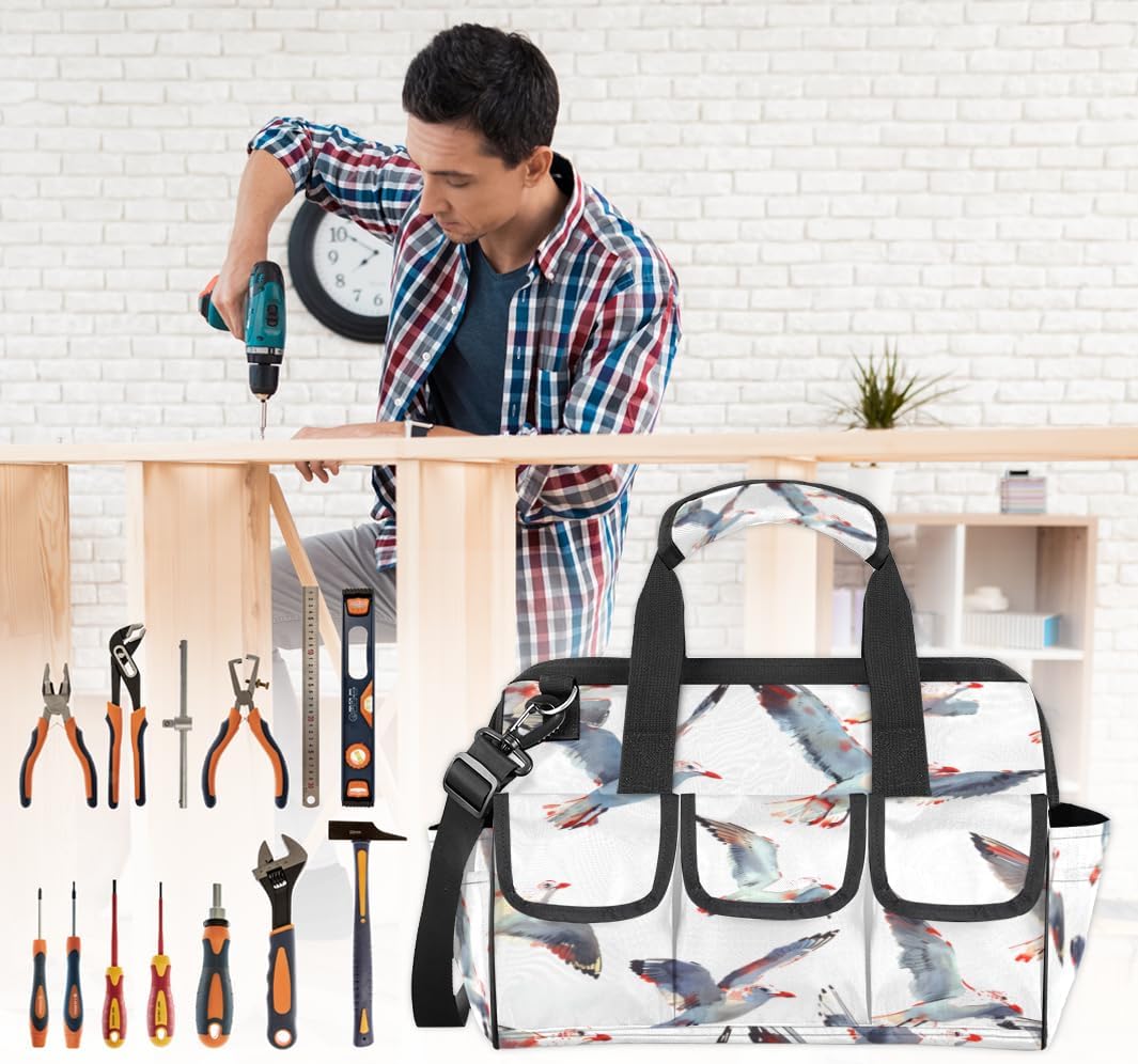 14.8-inch Watercolour Pigeon tool bag - waterproof, multifunctional, 16+pocket design, adjustable shoulder strap, suitable for woodworking, construction, gardening, travel, etc