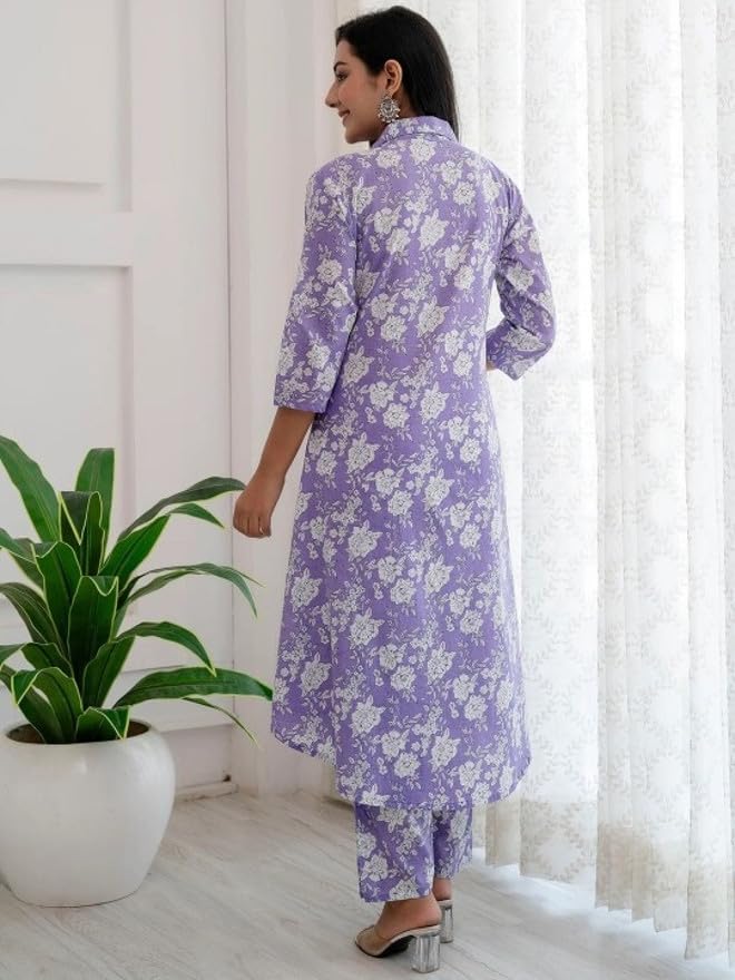 Image of Women's Cotton Kurta with Trousers Set, Floral Print, Regular Fit
