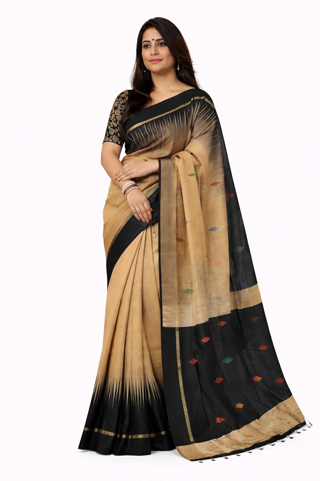 Olive Silk Cotton Saree with Silver Border, Striped Pattern, Tassel Detail, Traditional Indian Ethnic Wear Unstitched Blouse Piece-image-31