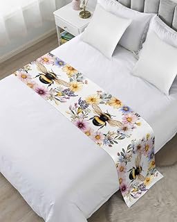 Pastoral Bee Wreath Bed Runner for Twin Size Hotel Bed Scarf, Spring Rustic Watercolor Flowers Decorative Beds Throws of Foot Bedding Runners & Scarves for Bedroom Wedding Room, 71 x 20 Inch