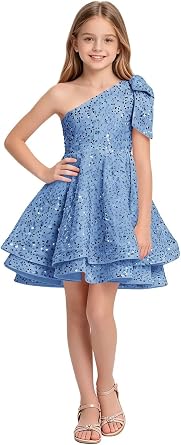 Sequin Junior Bridesmaid Dresses One-Shoulder Bow Flower Girl Dress A-Line Mini Tiered Formal Gown Party Pageant