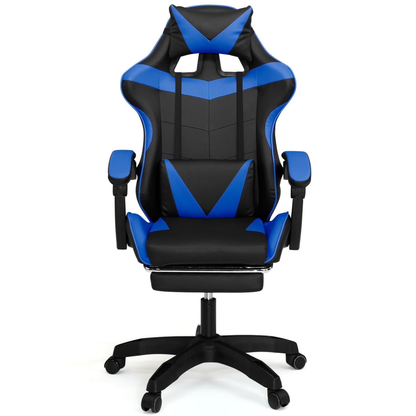 IDMarket - Sedia da gioco ALEX regolabile con poggiapiedi, cuscino per la testa e cuscino lombare in nero e blu