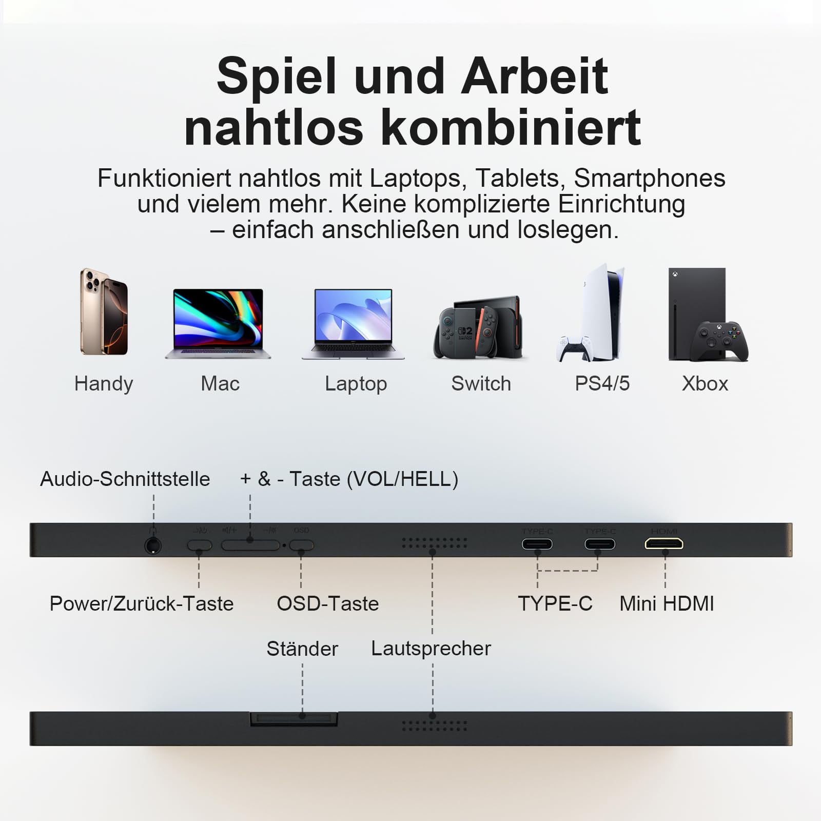 Portable Monitor 15,6 Zoll, FHD 1920x1080p Tragbarer Monitore, IPS Display Externer Laptop Screen Extender mit Lautsprecher, USB-C & HDMI, Mobiler Bildschirm für PC, Xbox, PS3/4/5, Switch