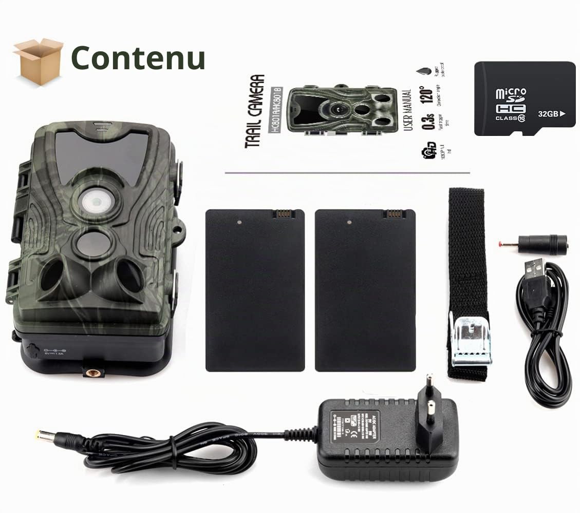 Caméra de Chasse avec 2PCS 5000mAh Lithium Batterie Rechargeable, Trail Caméra 20MP 1080P Sécurité No Glow Vision Nocturne Infrarouge Invisible activé, 0.3s Vitesse de Déclenchement