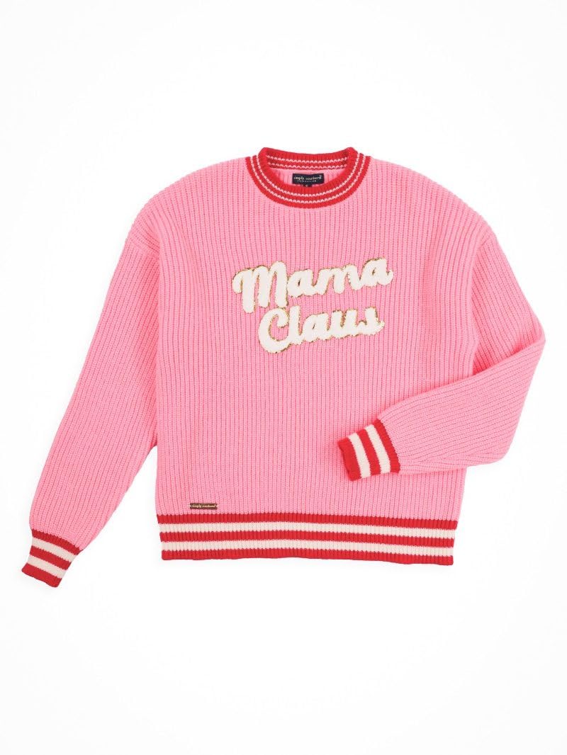 Simply Southern Holiday Harper Sweater Mama Claus Teddy Bear with Santa Hat Ribbed Crew Neck
