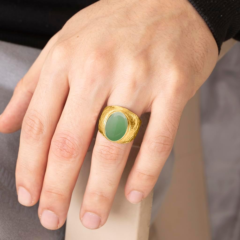 Natural Aventurine Crystal Ring Men's Hammered 24K Gold Vermeil 925 Sterling Silver Oval Solitaire Gemstone Dainty Statement Healing Crystal Gemini Luck Handmade Turkish Fine Jewelry