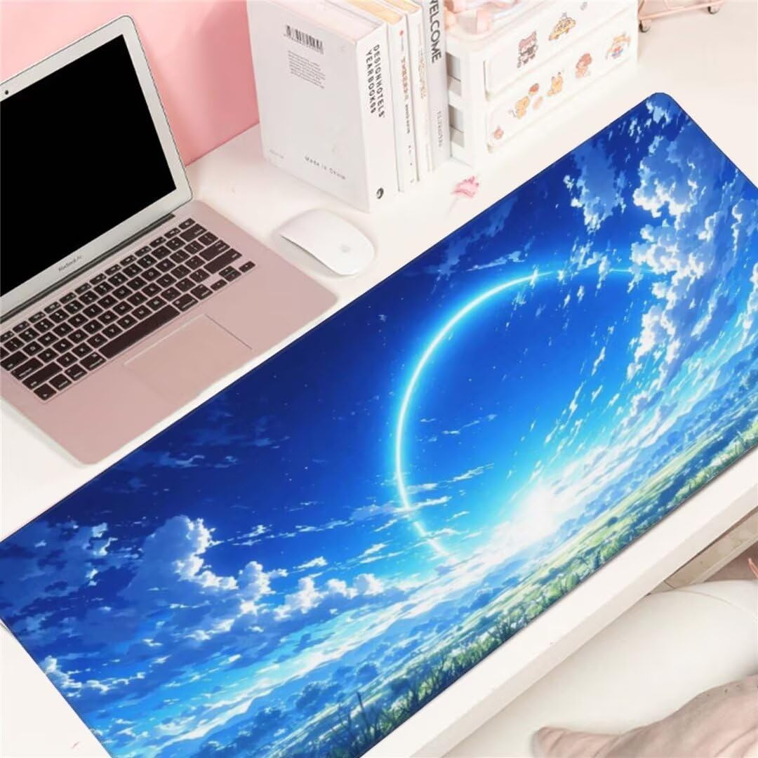 Alfombrilla de ratón 1400x600x3 MM, Alfombrilla Ratón XXL Extendida de Gran Tamaño con Bordes Cosidos, Base de Goma Antideslizante Almohadilla para Teclado, Paisaje del Cielo Azul S-7631