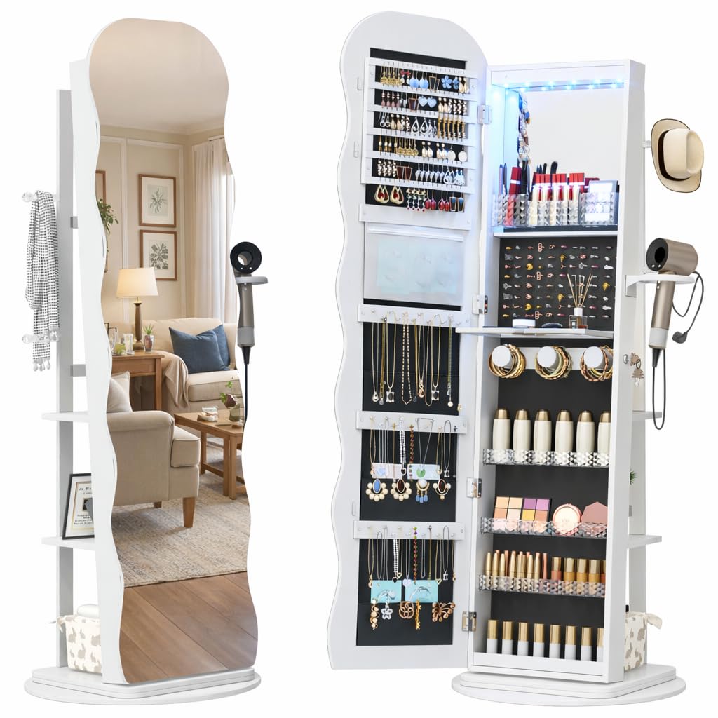 Vlsrka 360° Swivel Jewelry Aromire with Wavy Mirror, Lockable Jewelry Organizer Mirror Full Length, Rotatable Standing Mirror with Storage, Jewelry