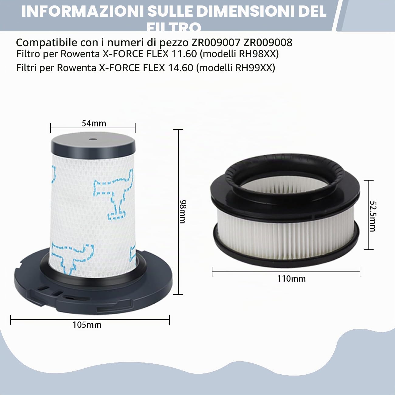 Filtro per Rowenta X-Force Flex 11.60 12.60 14.60 15.60 Animale RH98xx RH99xx Aspirapolvere, 2 Filtri pre-motore + 2 Filtri post-motore,Filtri di ricambio per ZR009007,ZR009008