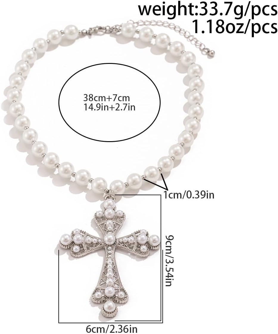 Pearl Cross Necklace for Women,Gothic Gold Chunky Long Big Cross Pendant Necklace,Pearl Beads Chain Large Crucifix Dangle Necklace for Punk Party - Image 3