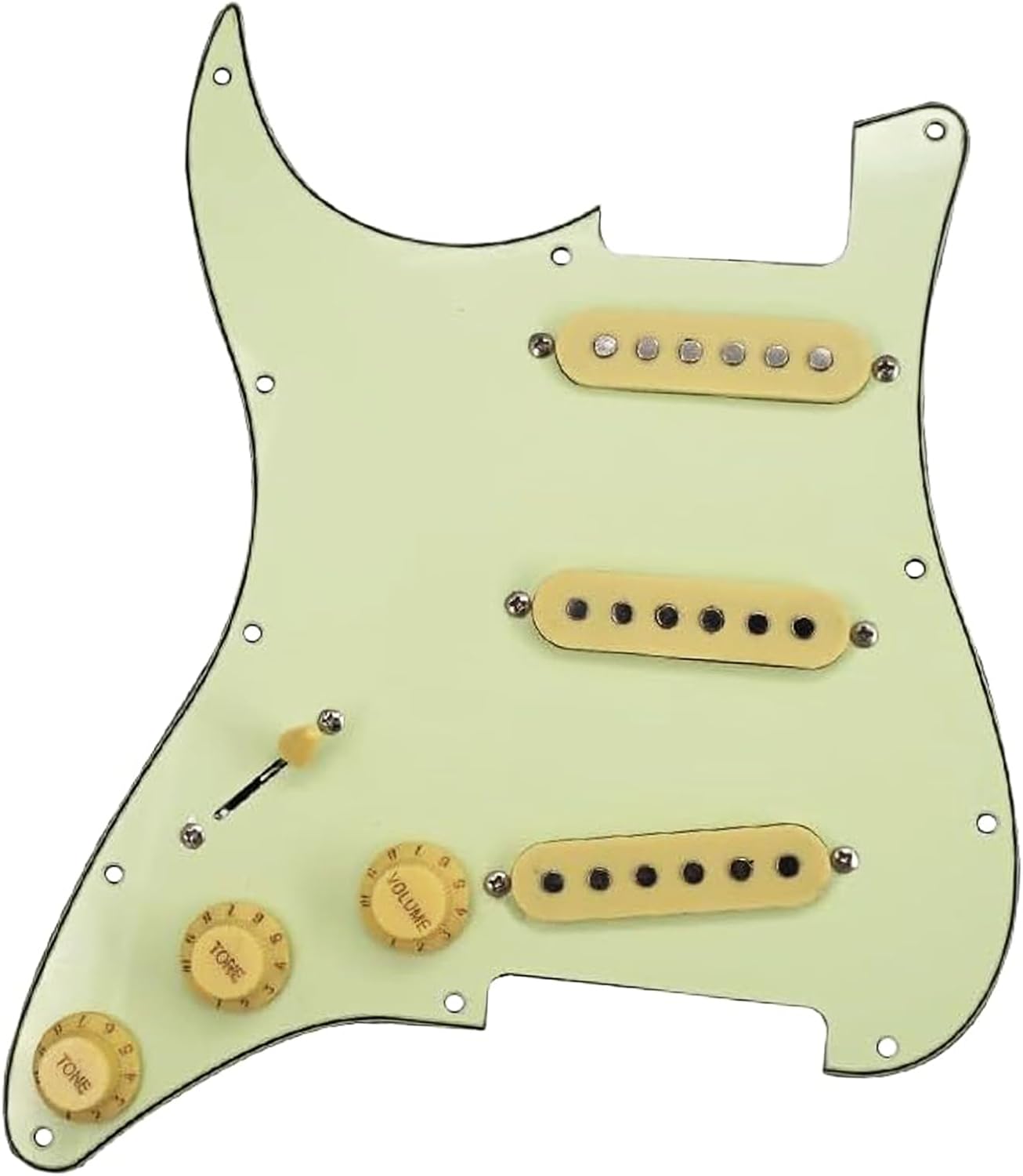 11-Hole 3-Ply SSS Pick Ups Wiring Harness Kit Prewired Loaded Pickguard w/Single Coil Pickups Compatible For USA/Mexico Stratocaster Squier Electric Guitar（Left） (Light Green)