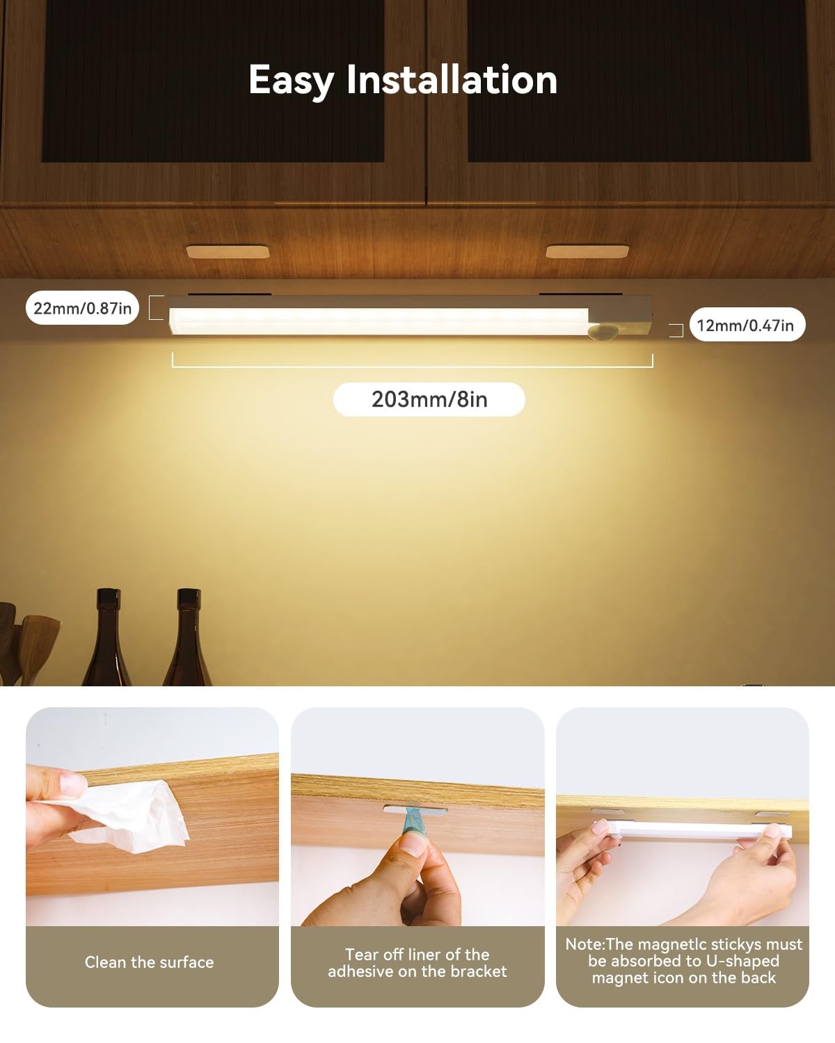 Iluminación para debajo del gabinete, luz recargable con sensor de movimiento de 8 pulgadas para interiores, 3 colores regulables, funciona con pilas, USB Stick en luces LED magnéticas debajo 4
