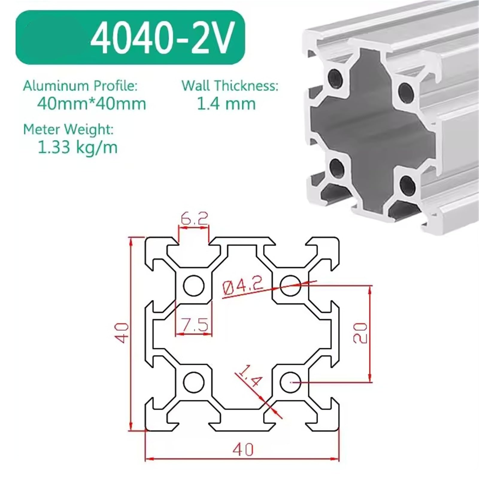 Perfil de extrusión de aluminio de doble ranura 4040V, ranura de 6,2 mm, riel de columna cuadrado de 40 x 40 mm, estructura industrial, bastidor de material Marco(750mm 29.53" long)