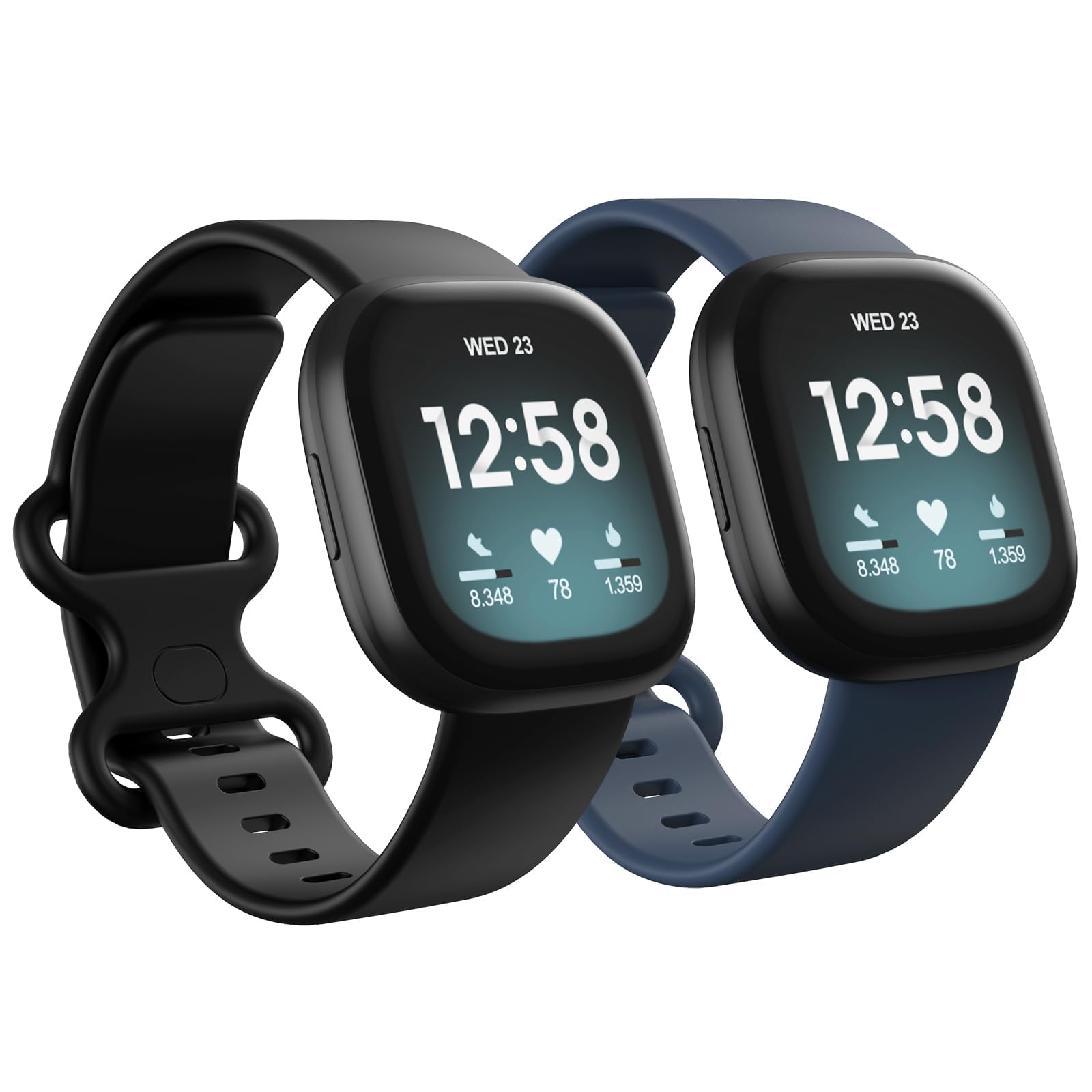 Newremote 2 Pack Waterproof Straps fit for Fitbit Versa 4 / Versa 3 / Sense 2 / Sense Straps, Classic Soft Sports Replacement Strap for Women Men (Black/Navy, Large 7.1''-8.7'')