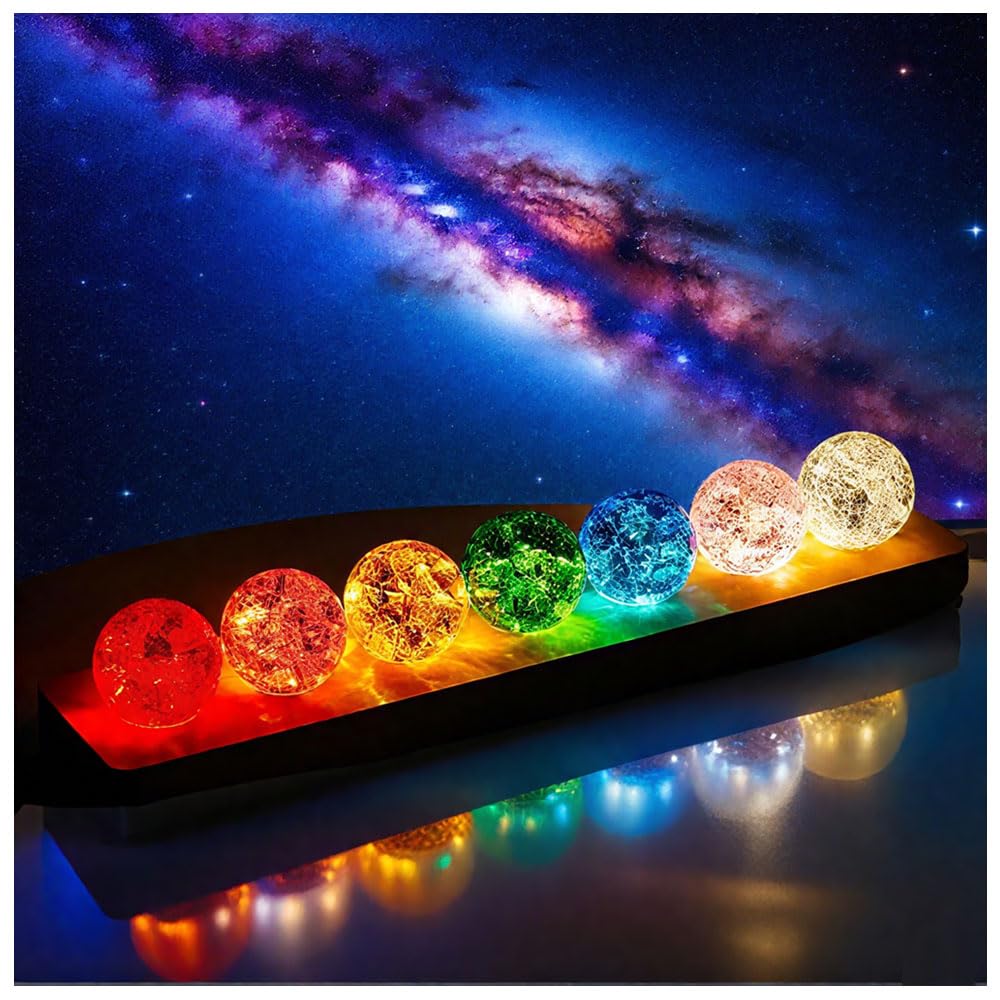 40mm Set of 7 Ice Cracked Glass Crystal Chakra Balls with LED Wooden Base - 7 Colors Healing Sphere, Night Light Decor for Home, Living Room, Meditation & Energy Balancing-image-14