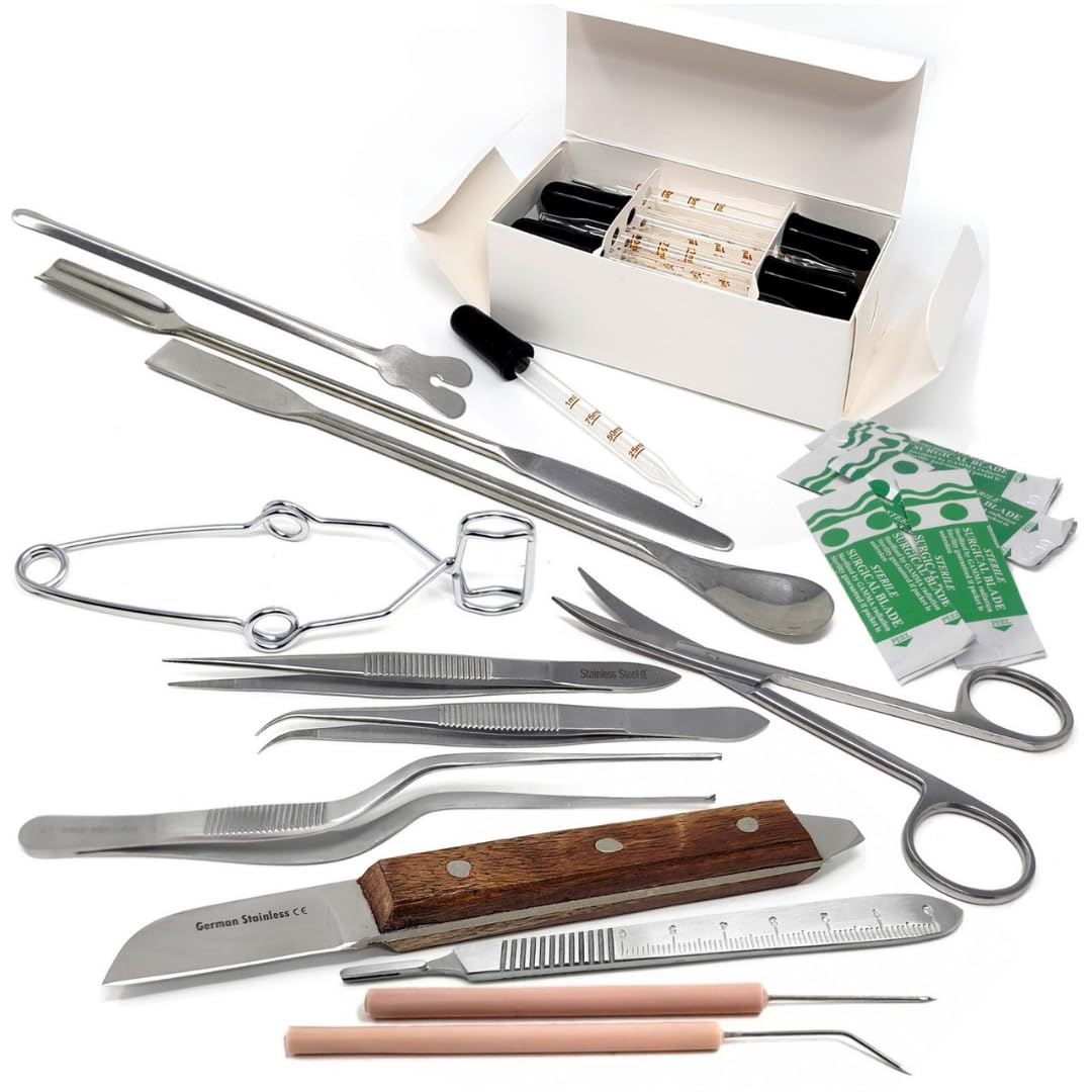 34Pcs Multipurpose Scientific Lab Basic Starter Kit with Stainless Steel Sampling Spoon Scoop Spatulas, Forceps, Scissors, Glass Droppers, Test Tube Clamp, Dissecting Probes, Scalpel Handle & Blades