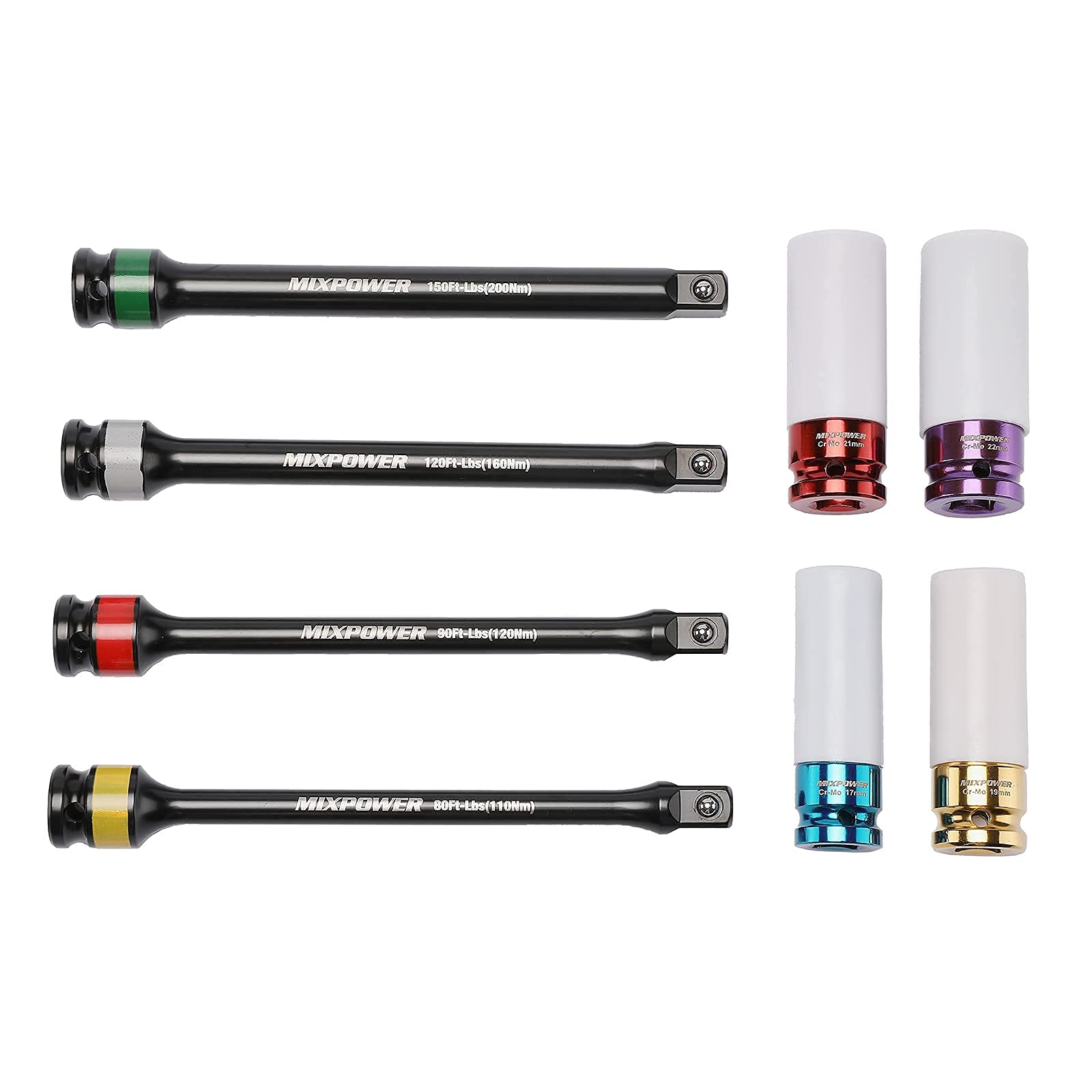 MIXPOWER 1,27 cm (1/2 Zoll) Antriebsradschutz, Schlag-Stecknuss und 20,3 cm kodierte Drehmomentbegrenzung, Verlängerungsstange, 8-teiliges Reifen-tiefes Steckschlüssel-Set, farbcodiert, 110-200 Nm