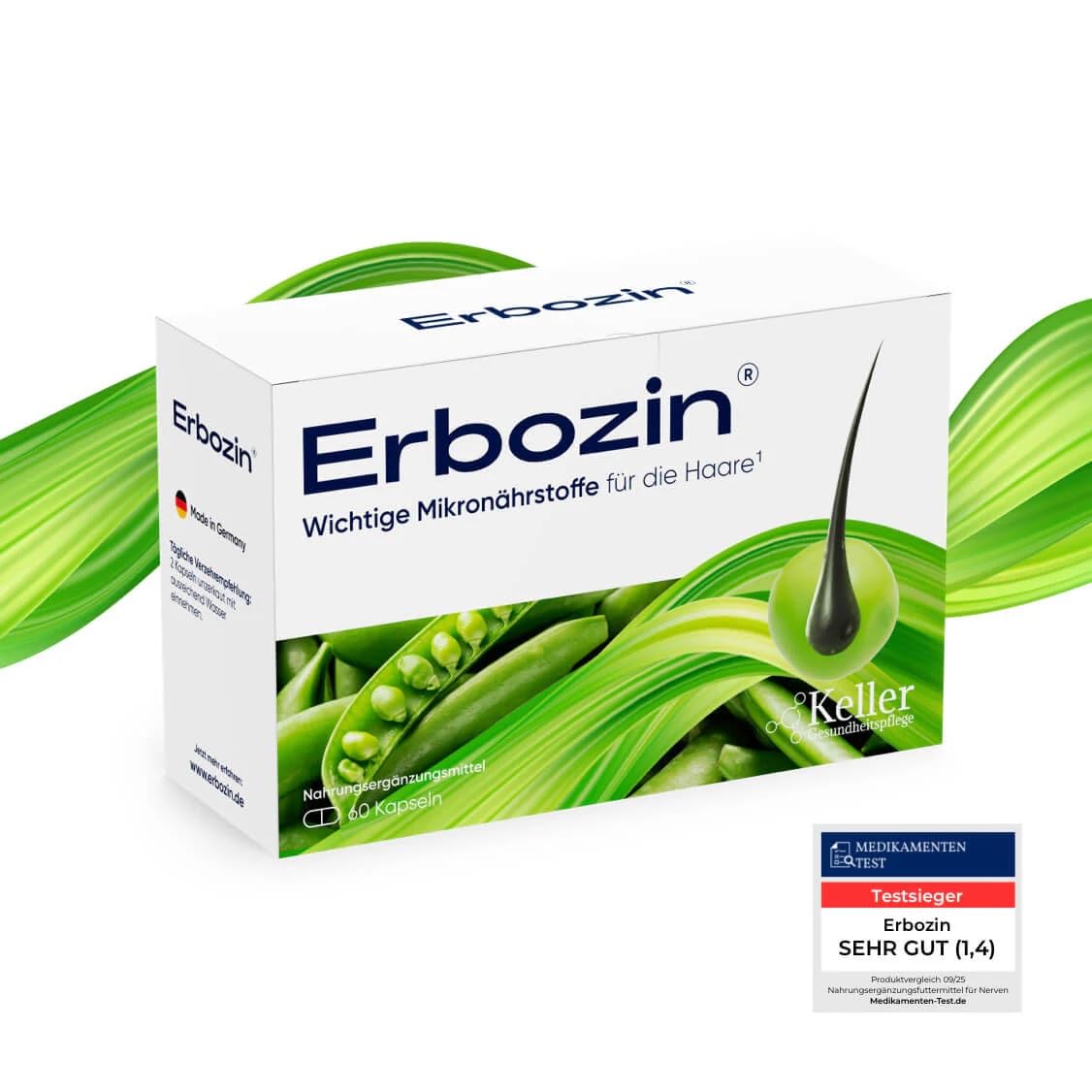 Erbozin® Kapseln – Haarpflege Nahrungsergänzung – Erbsen‑Extrakt Astaxanthin Rotkleeblatt‑Extrakt – Vegan – 90 Tage Garantie – Made in Germany – 60 Kapseln – 30 Tage Packung