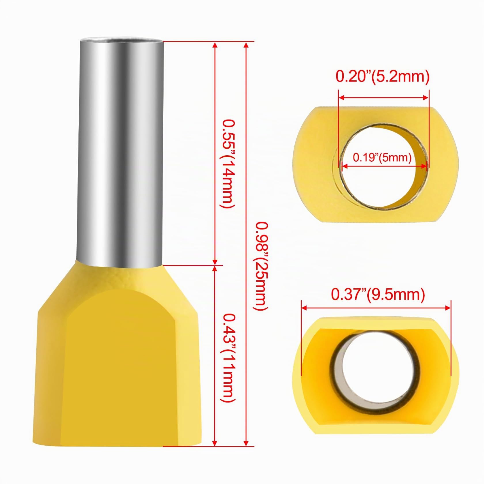 Heschen Terminales de crimpar, TE6014, AWG10*2/2 * 6mm², Terminales para cables gemelos, Terminales para cables gemelos, Longitud 14 mm, Amarillo, Paquete de 100