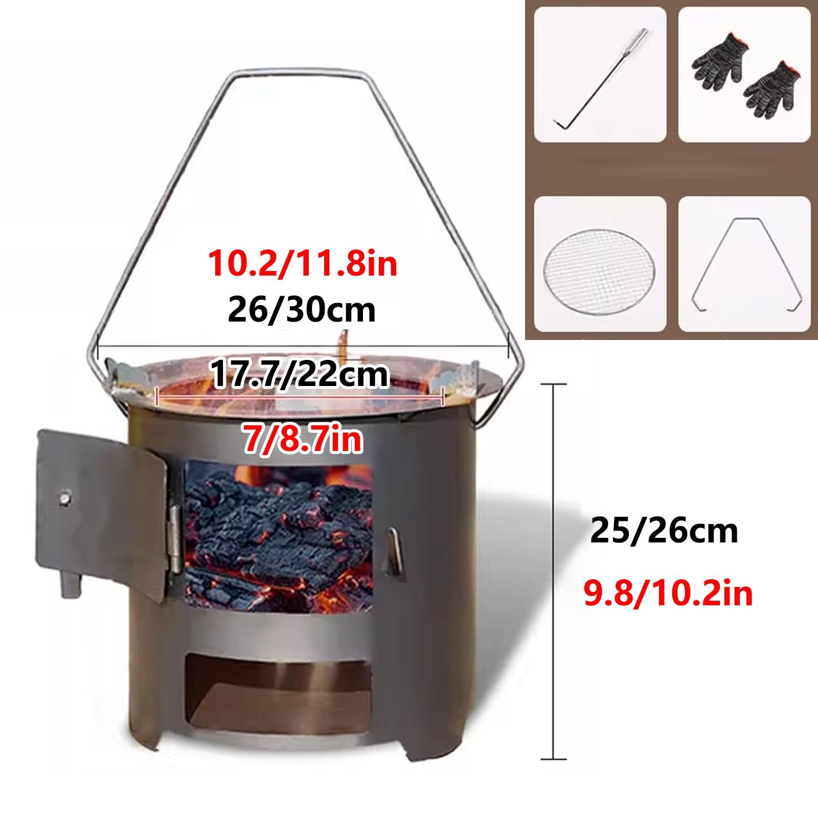 Estufa de Leña Pequeña Camper Acero Laminado en Frío con Asa Desmontable Estufas de Leña Redondas Pequeñas Ideal para Acampar y Hacer Barbacoas(B,26 * 25cm)