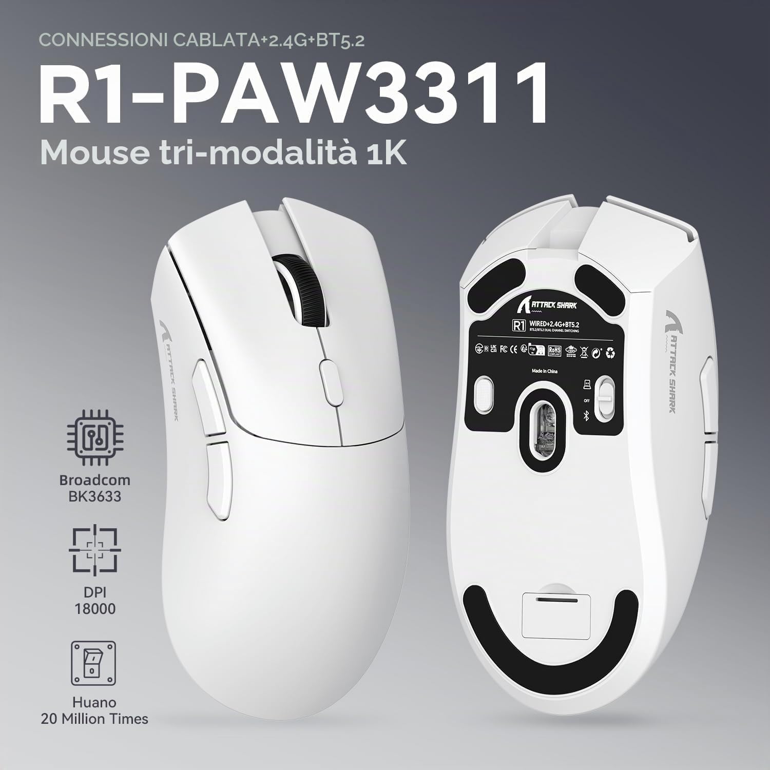 MAMBASNAKE ATTACK SHARK X68 HE Tastiera a Grilletto Rapido, Mouse R1 e Cavo a Spirale da 8 KHz, Tastiera Magnetica da 8KHz con Precisione RT di 0,01mm, Mouse da Gioco Wireless R1, per PC/Mac - Bianco